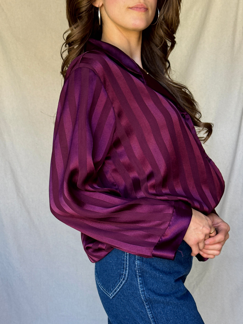 90s Cabernet Red Satin Striped Button Up Blouse