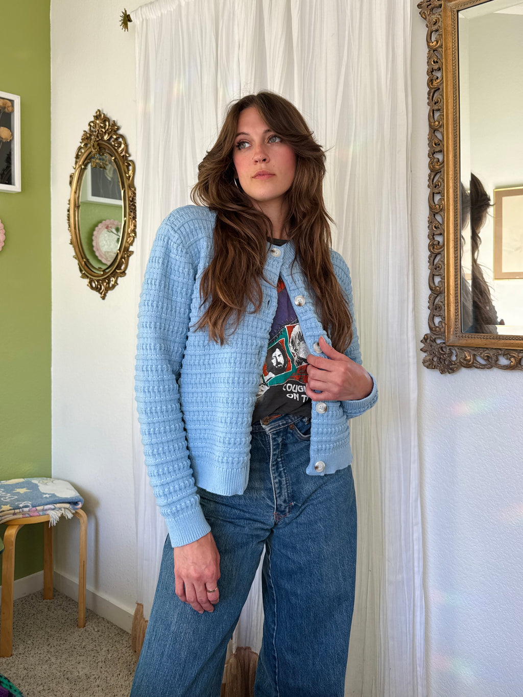 Powder Blue Cotton Knit Button Up Cardigan (Modern)