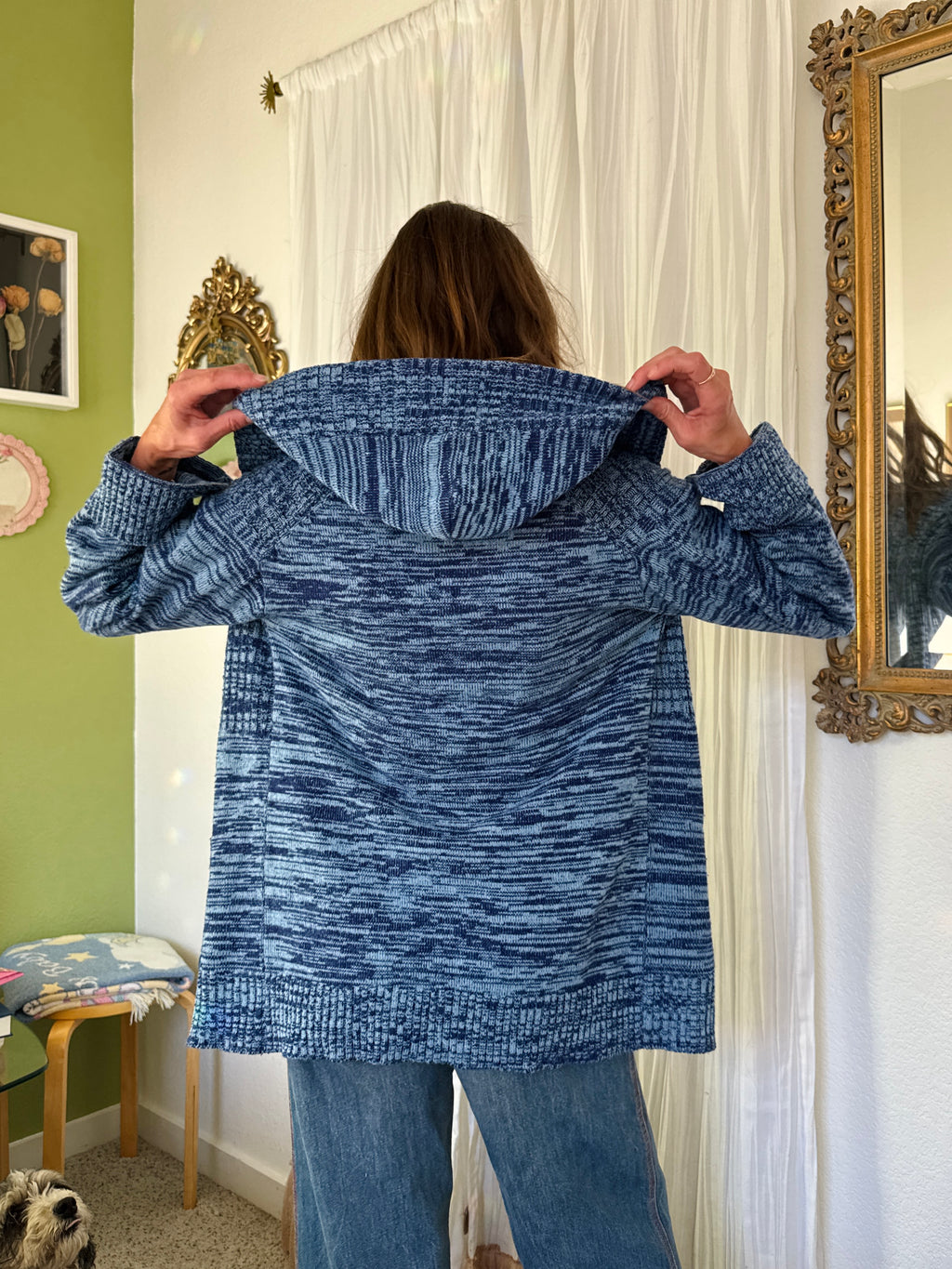 70s Blue Space Dye Hooded Toggle Sweater