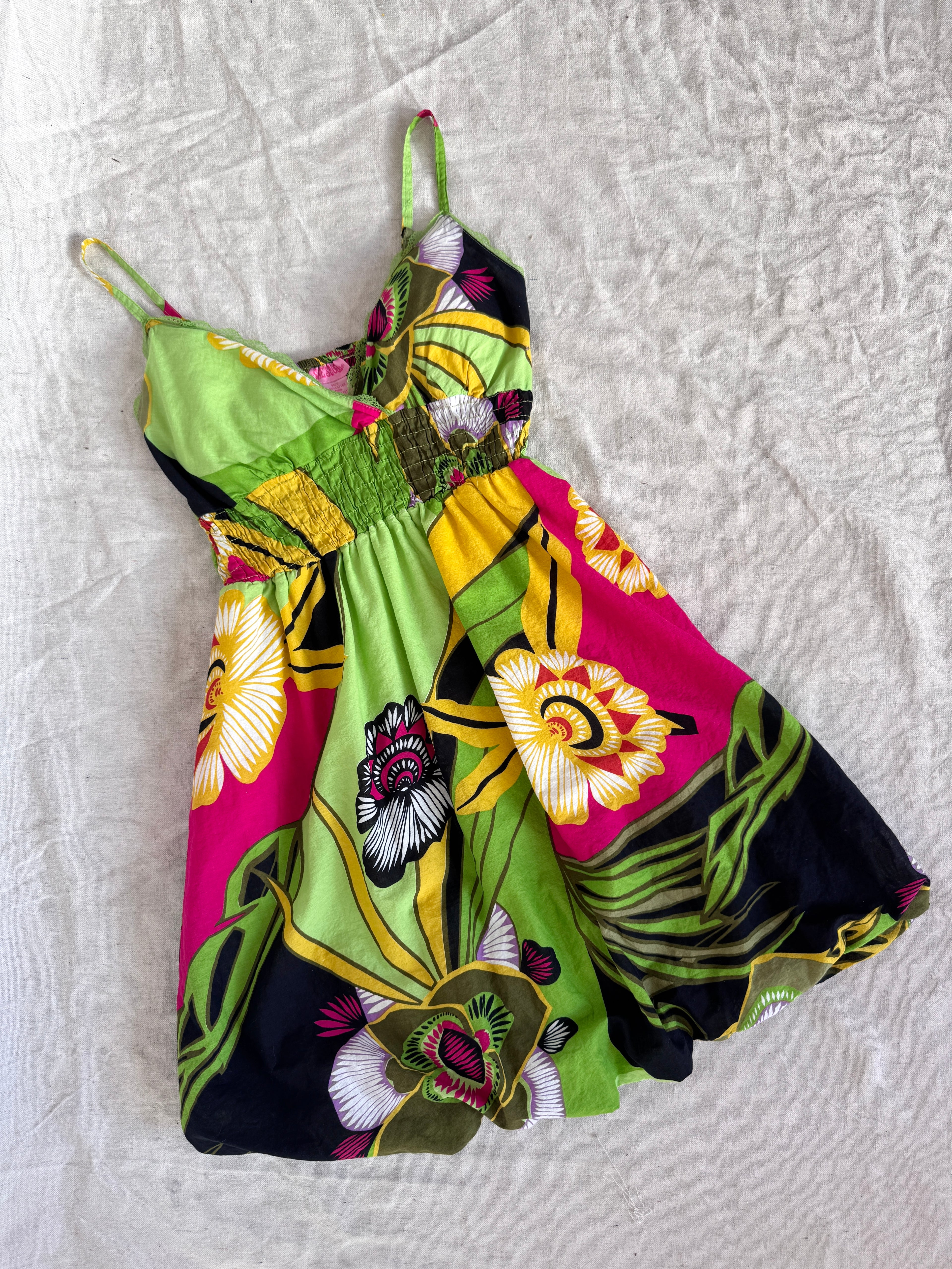 Y2K Green and Pink Cotton Floral Strappy Sun Dress