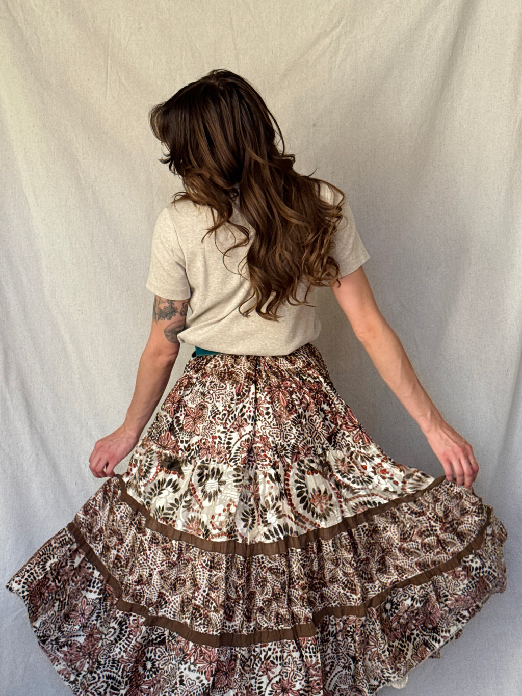 Y2K Brown & Orange Silk Layered Chicos Maxi Skirt