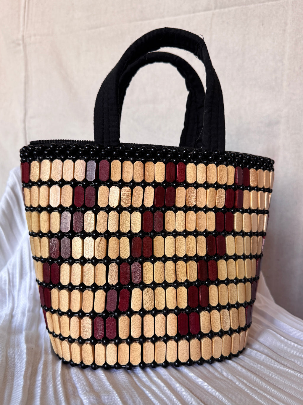 Vintage Wood Beaded Bucket Bag