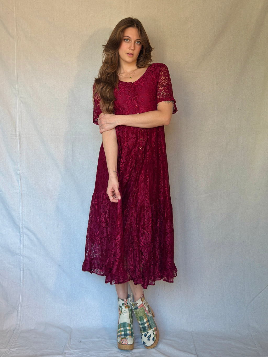 90s Maroon Lace Front Button Up Maxi Dress