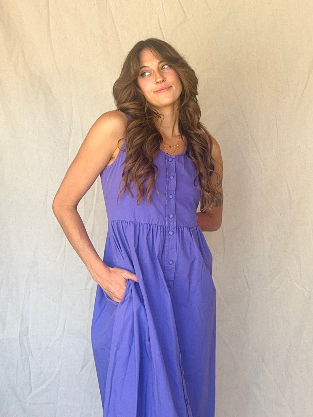 80s Periwinkle Purple Cotton Button Up Pinafore Jumper Dress