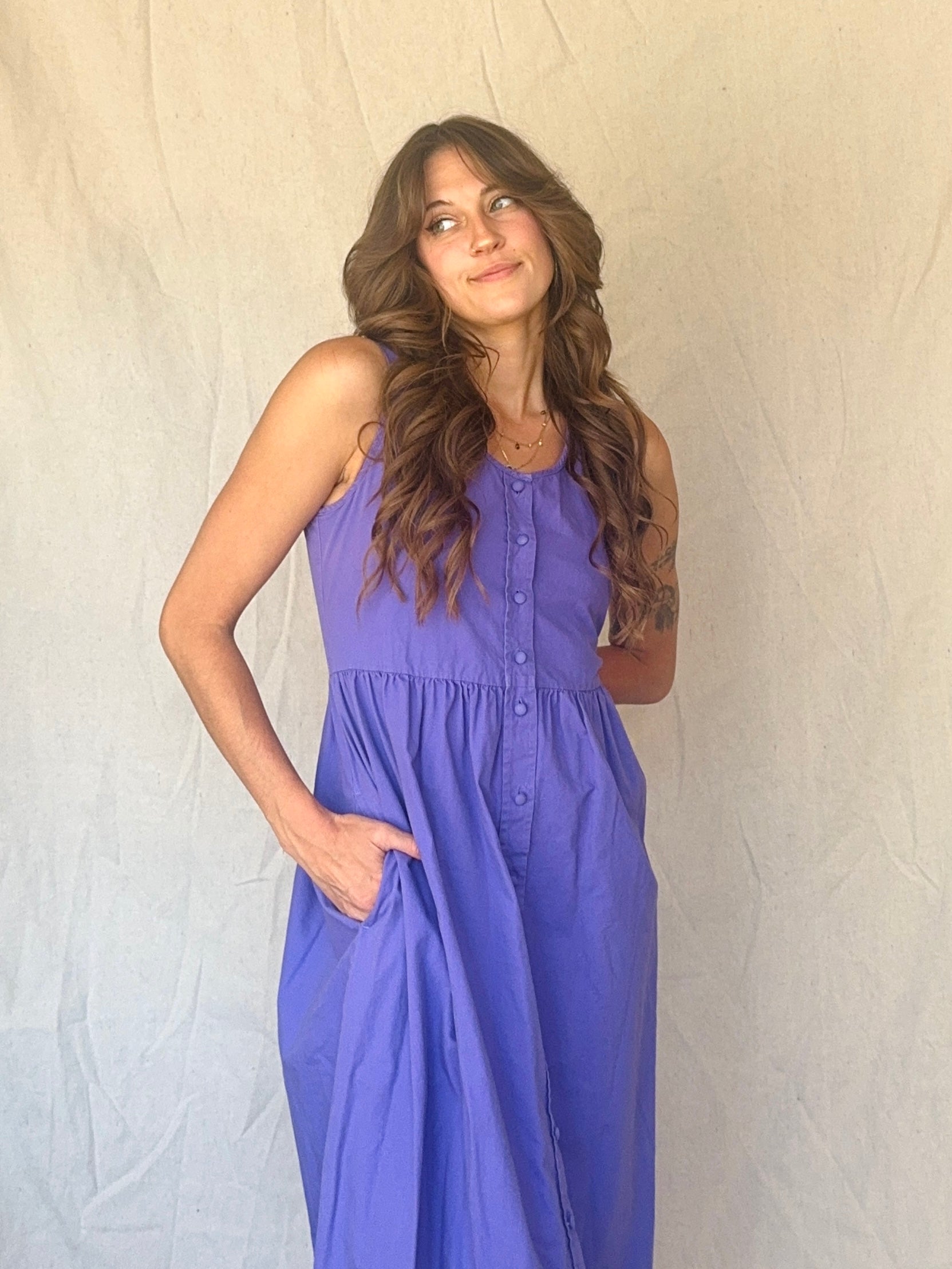 80s Periwinkle Purple Cotton Button Up Pinafore Jumper Dress