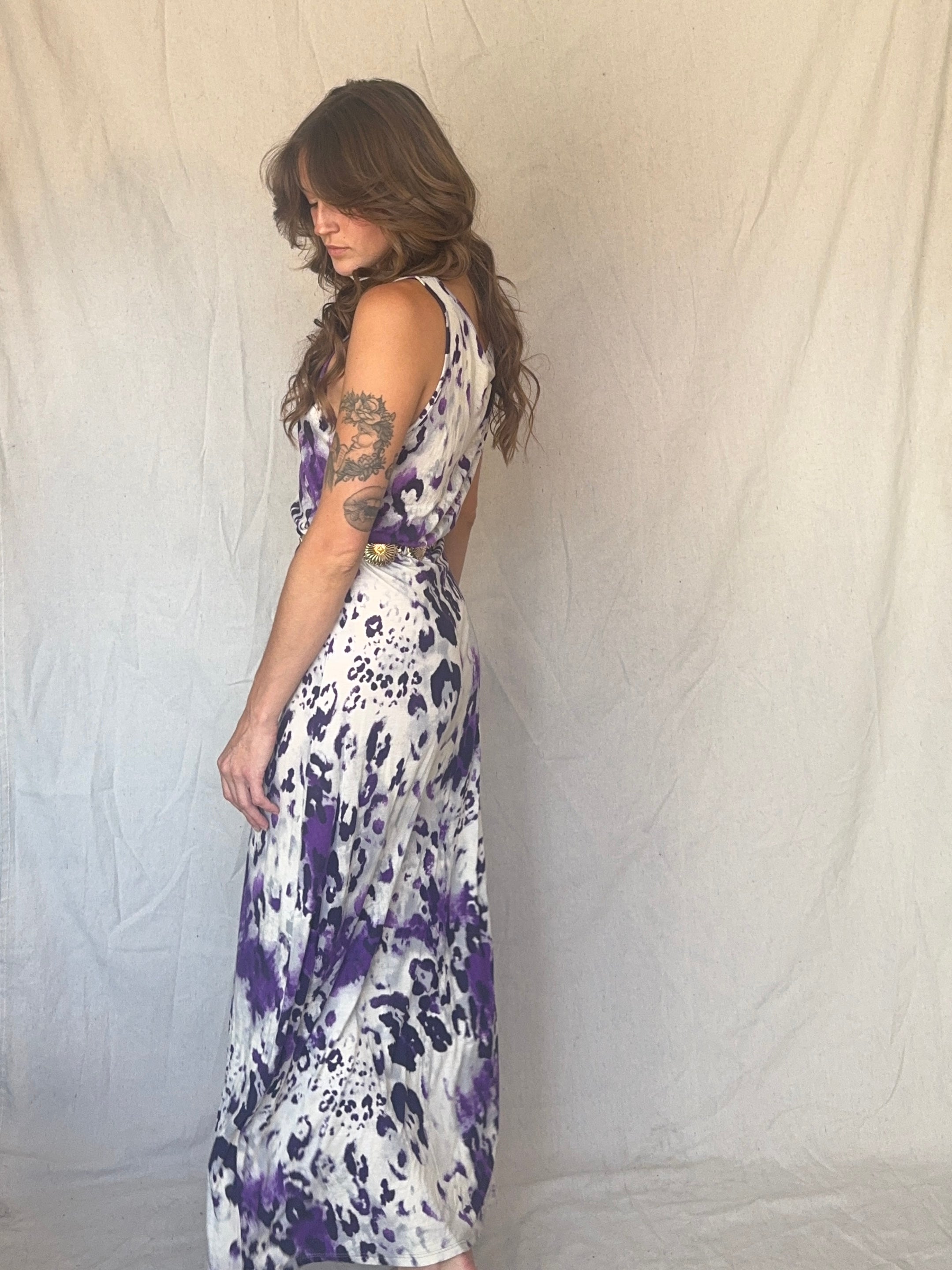 90s Purple Leopard Print Maxi Slip Dress
