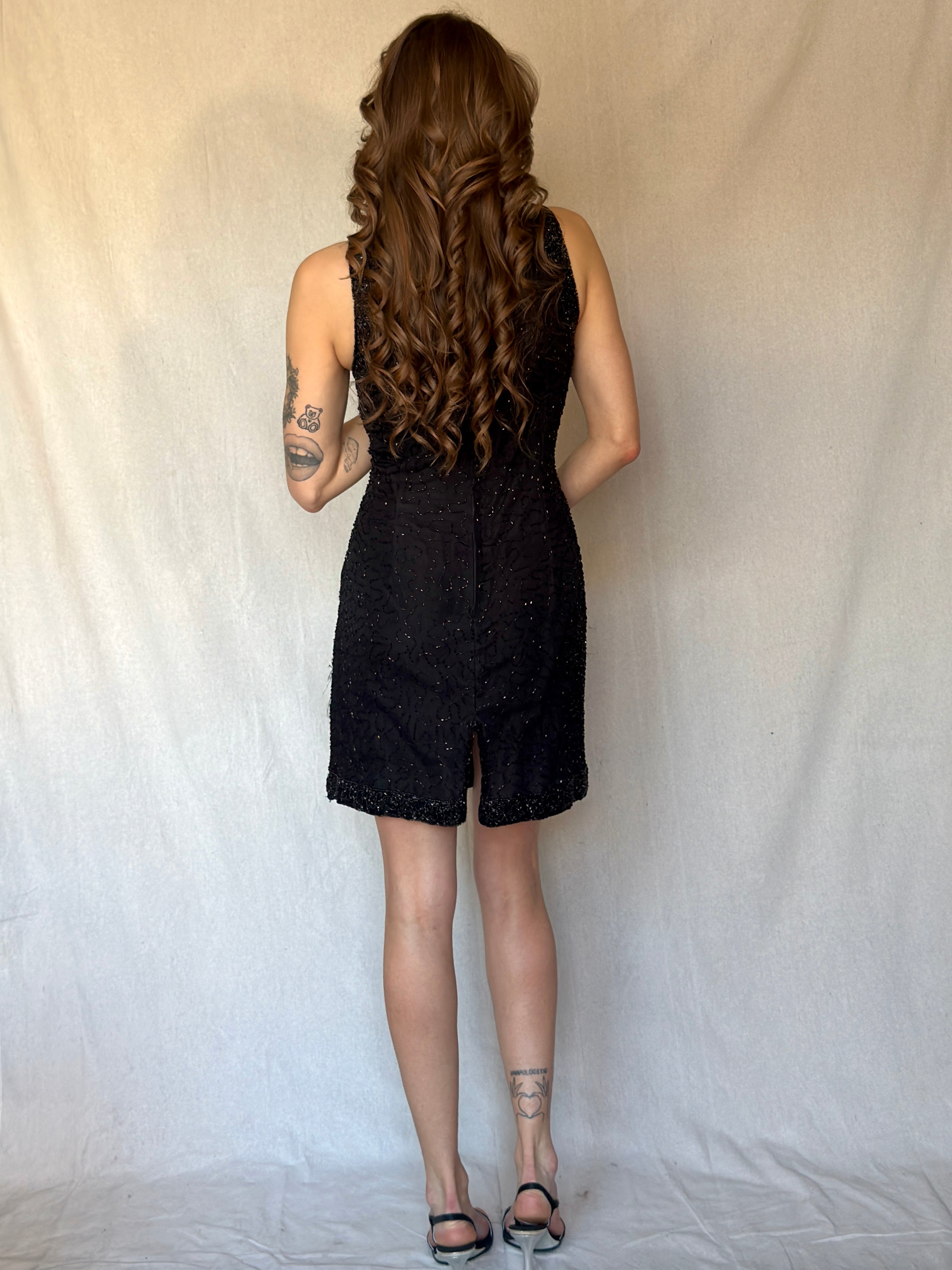 90s Black Beaded Silk Mini Cocktail Dress
