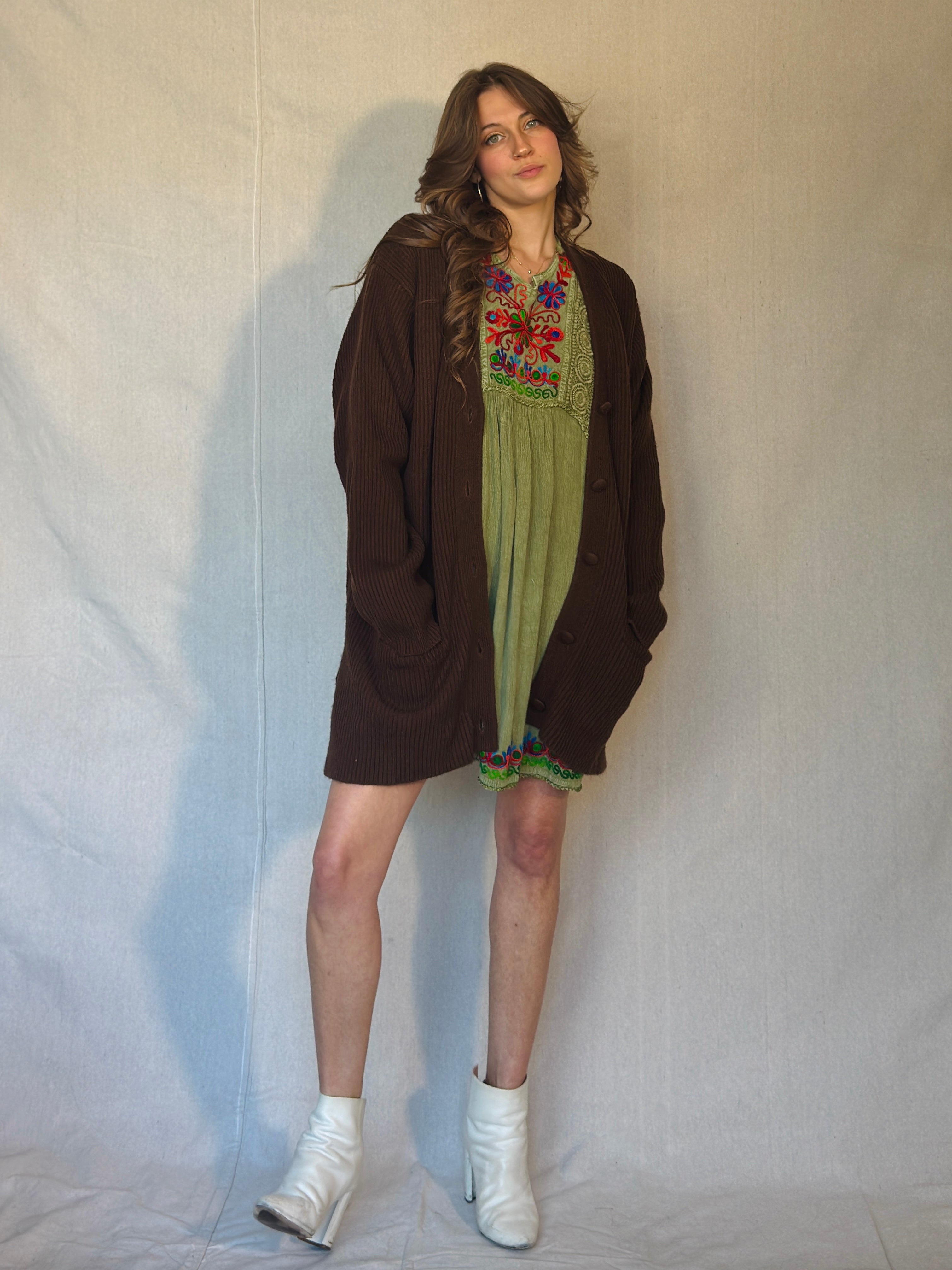 90s Brown Ribbed Cardigan Sweater