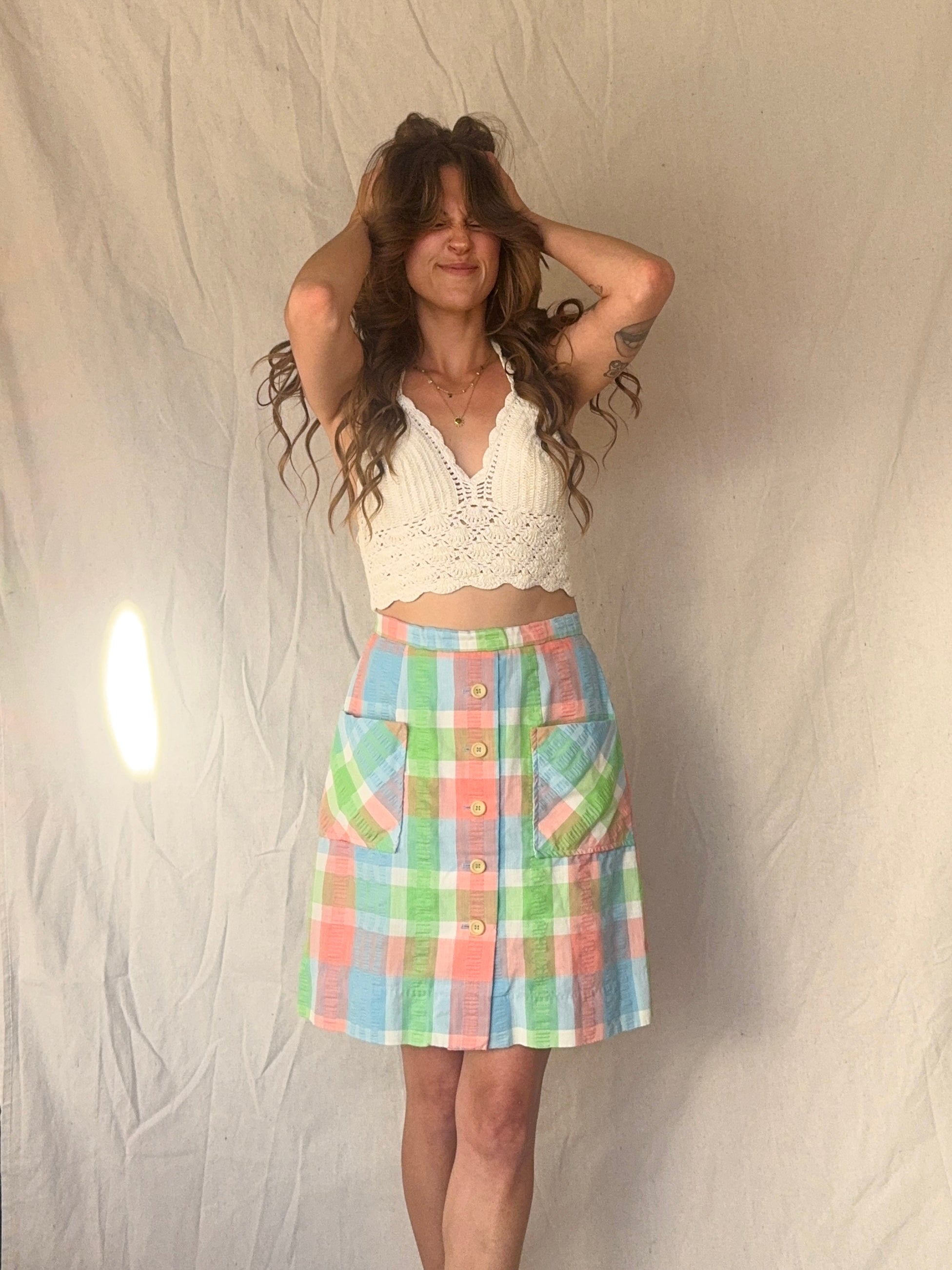 60s Preppy Plaid Mini Button Circle Skirt