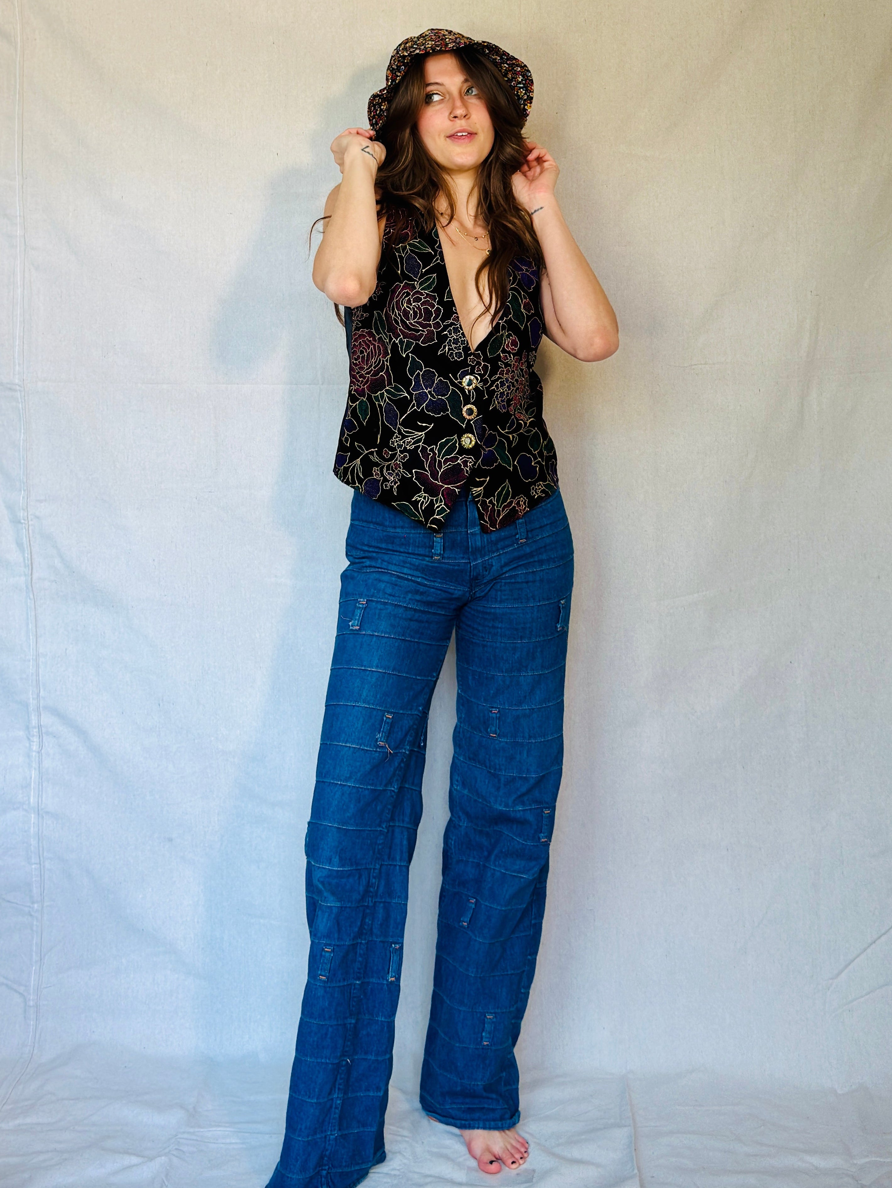 80s Black Velvet Floral Tux Vest