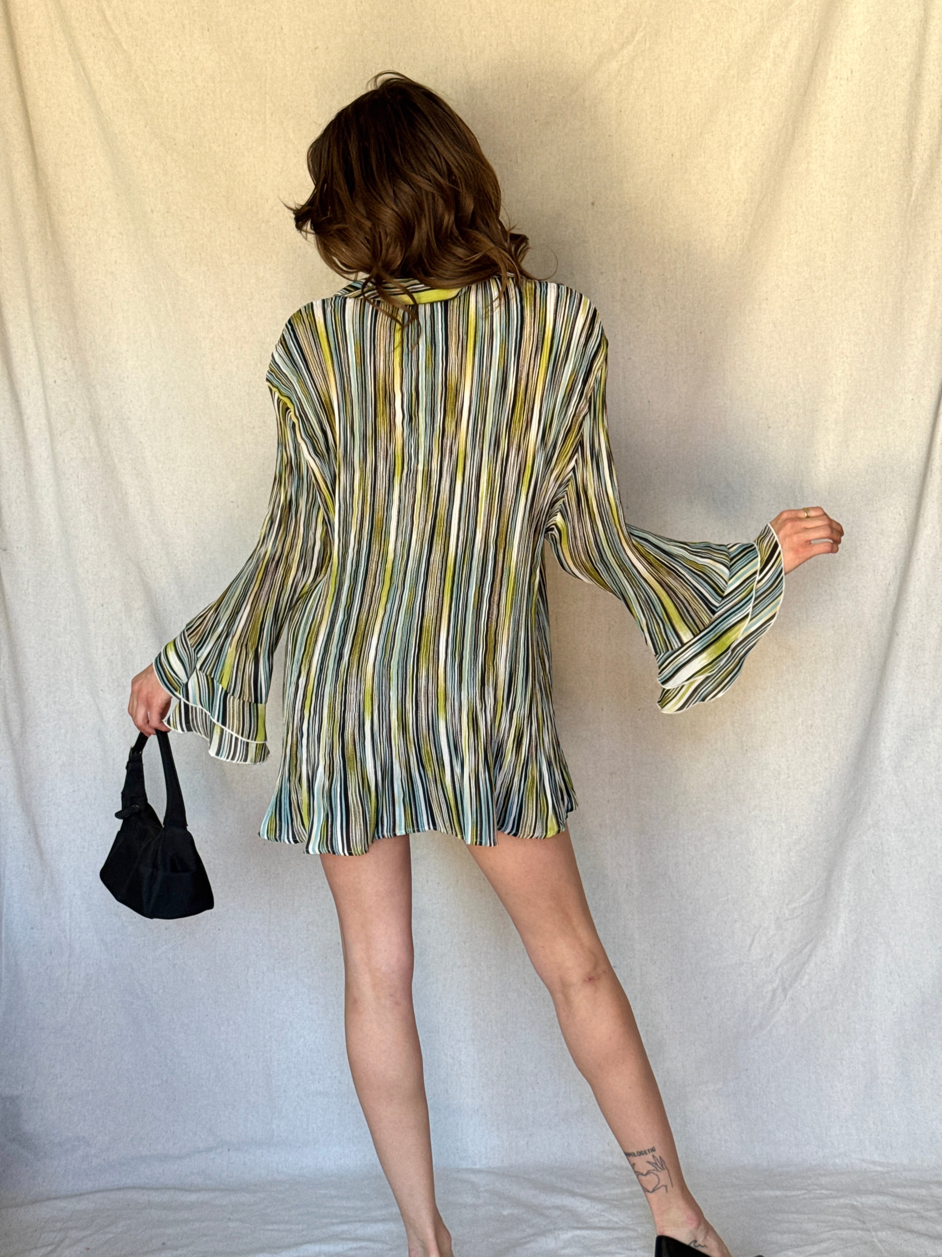 Y2K Striped Whimsy Crinkle Pleat Blouse