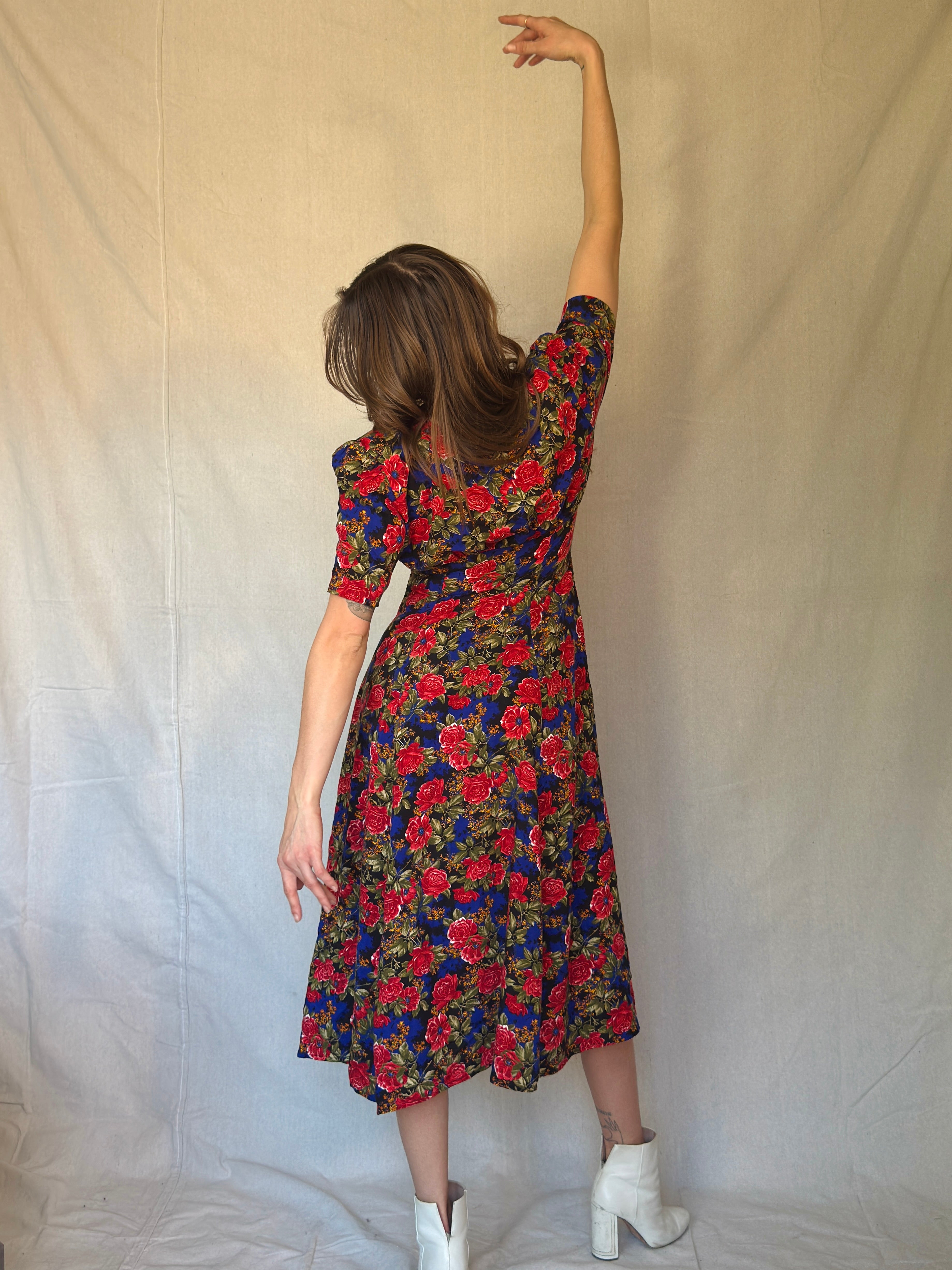 80s Blue Floral Print Button Dress