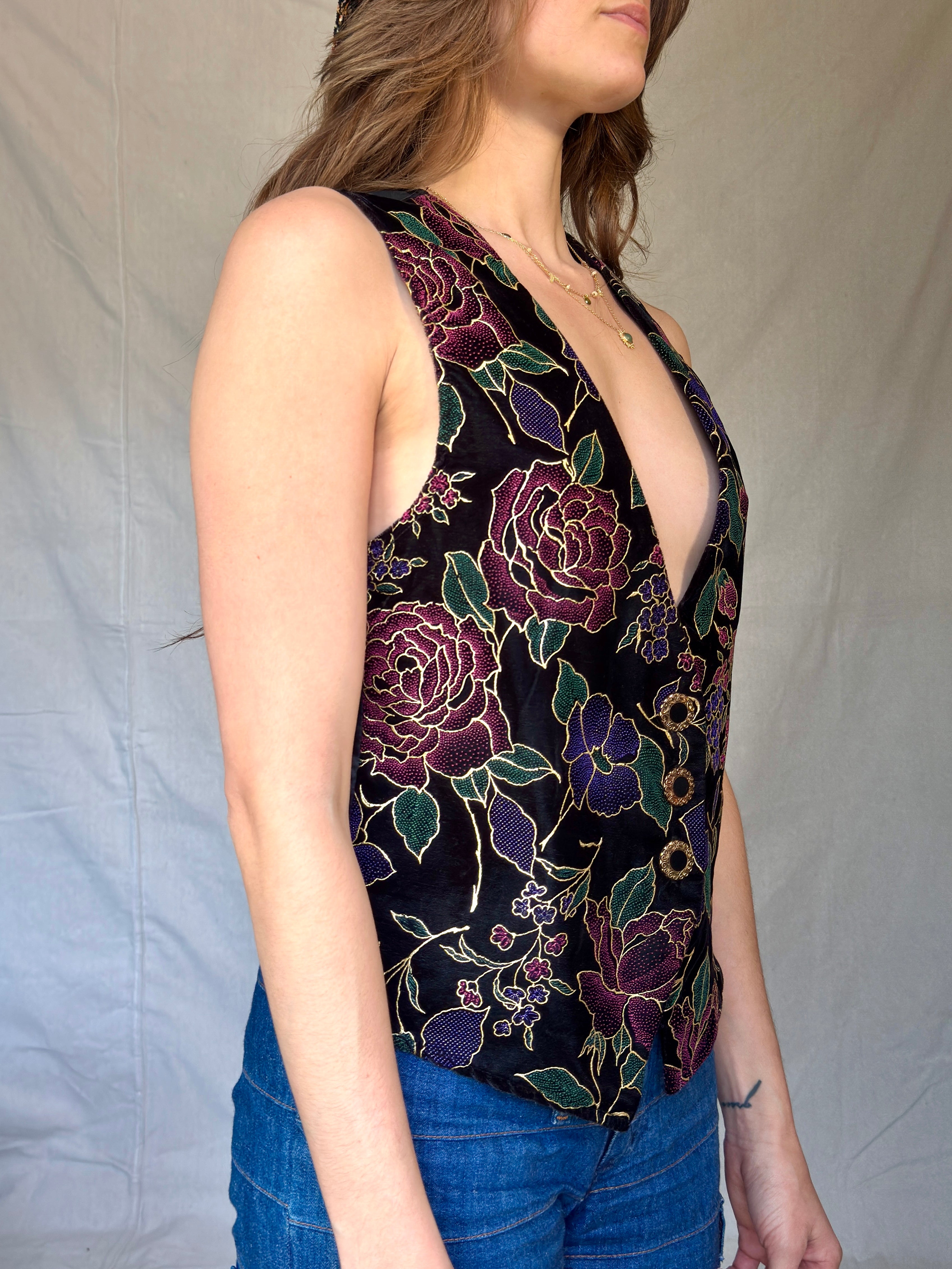 80s Black Velvet Floral Tux Vest