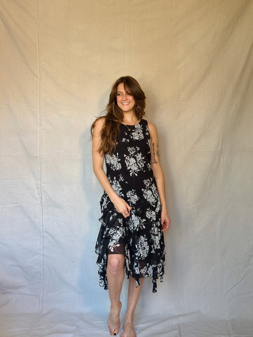 Vintage Black & White Floral Ruffle Dress