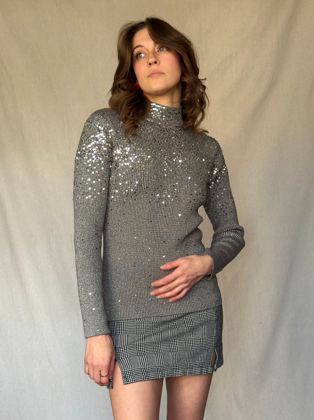 90s Silver Lurex Sequin Mockneck Ribbed Top