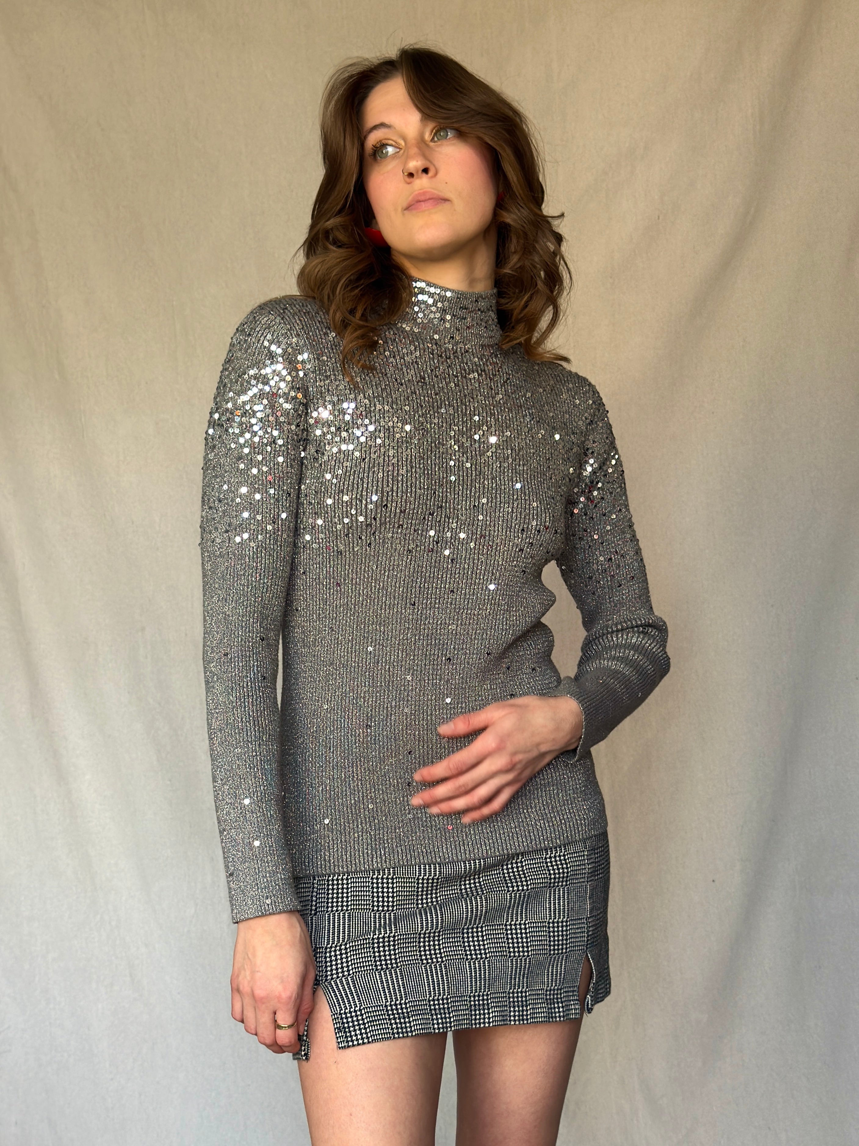 90s Silver Lurex Sequin Mockneck Ribbed Top