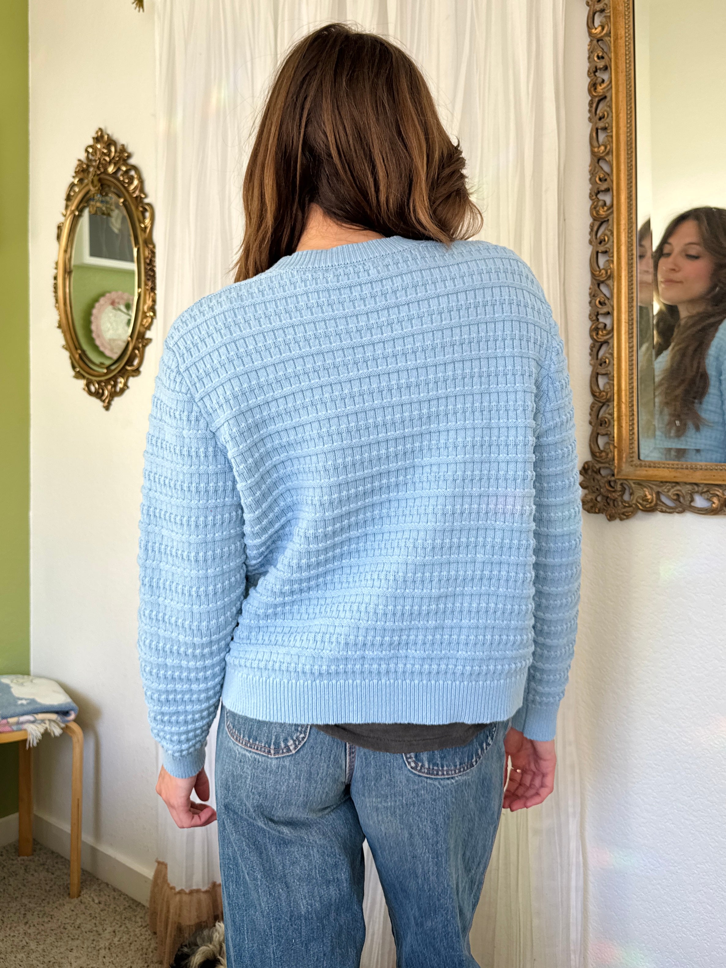Powder Blue Cotton Knit Button Up Cardigan (Modern)