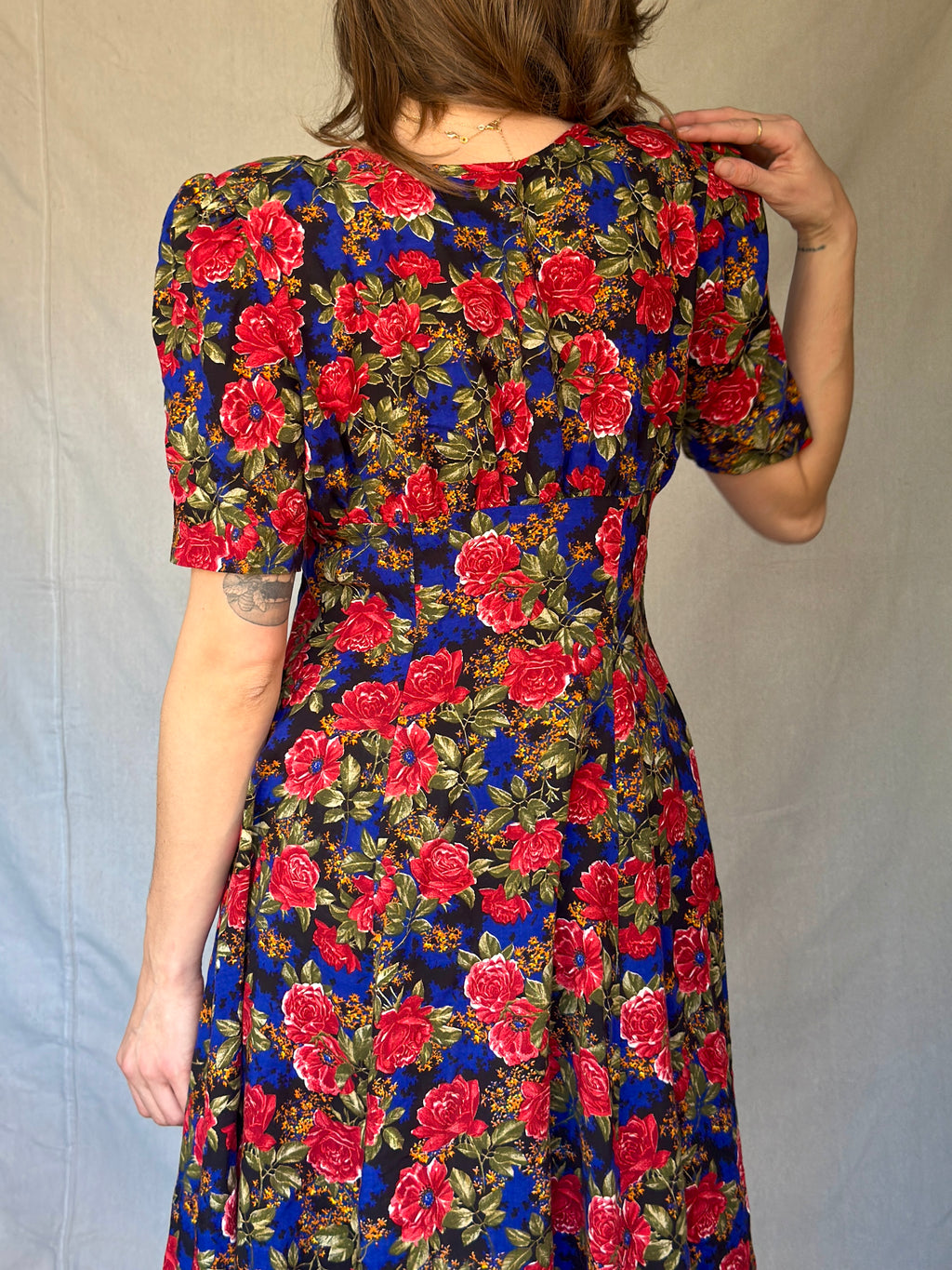 80s Blue Floral Print Button Dress