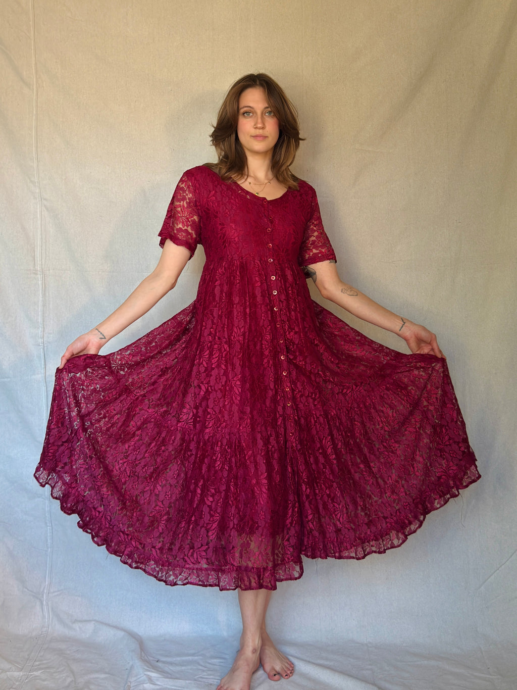 90s Maroon Lace Front Button Up Maxi Dress