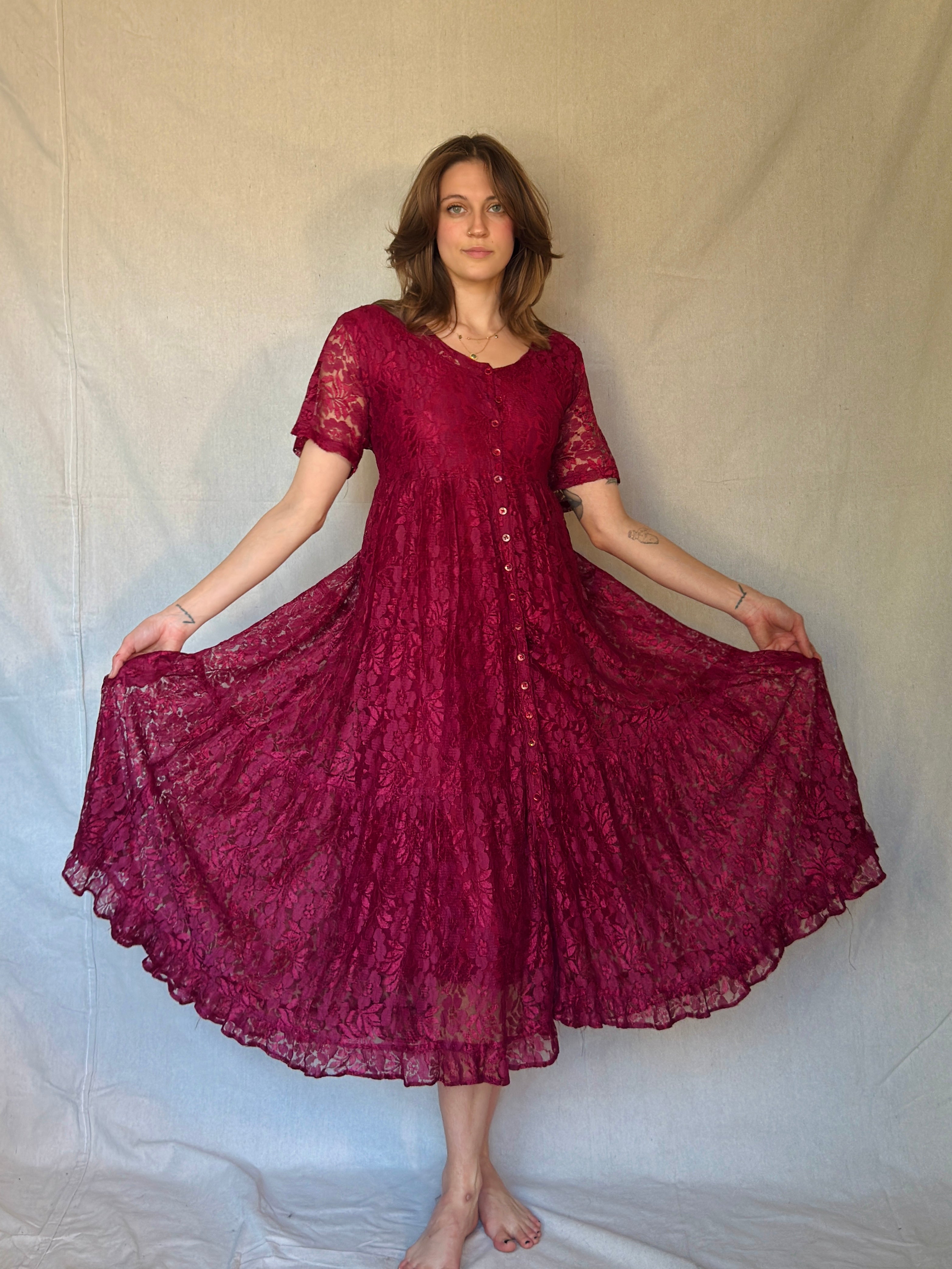 90s Maroon Lace Front Button Up Maxi Dress