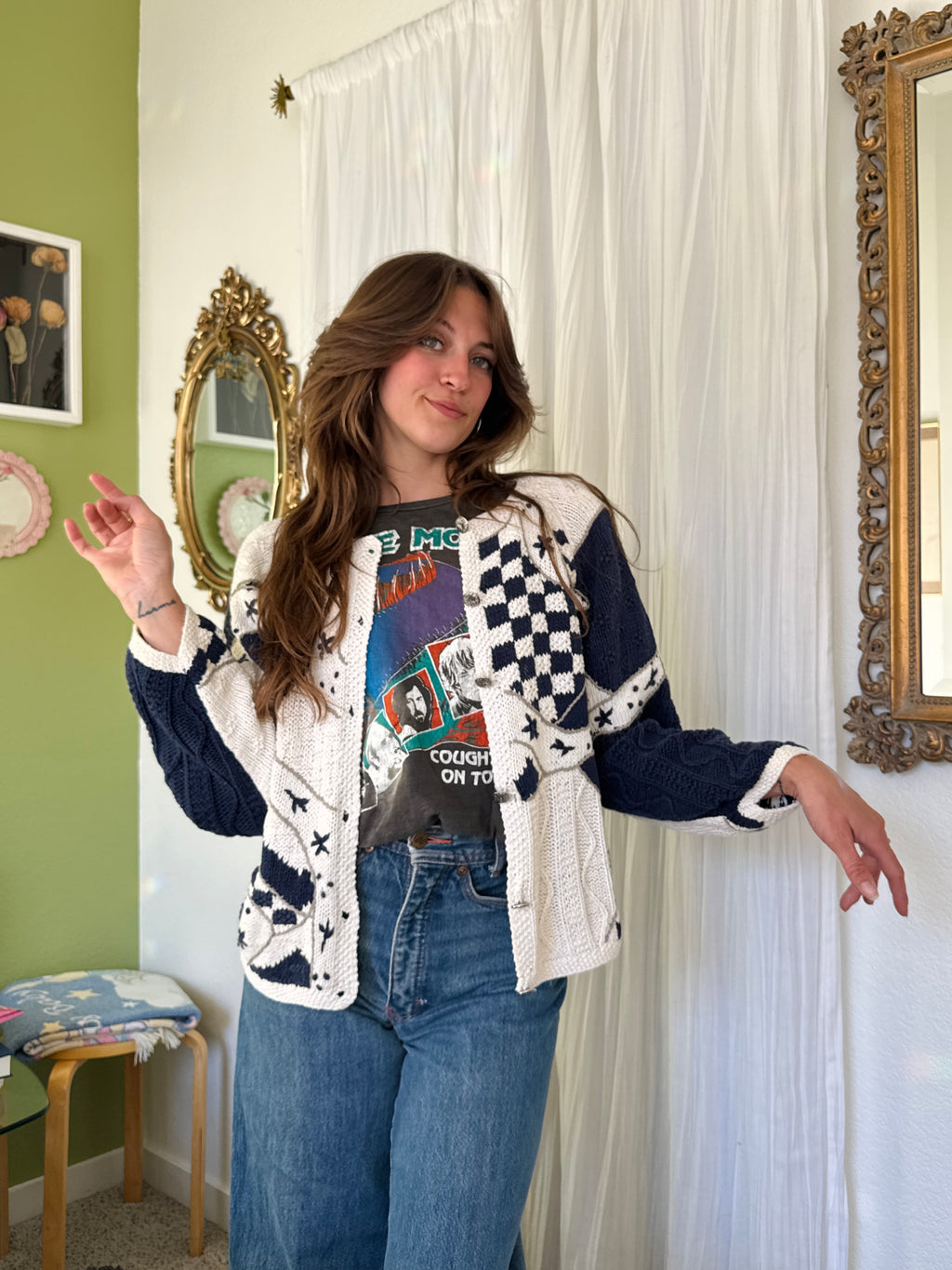 90s Cottagecore Blue & White Granny Cardigan Sweater