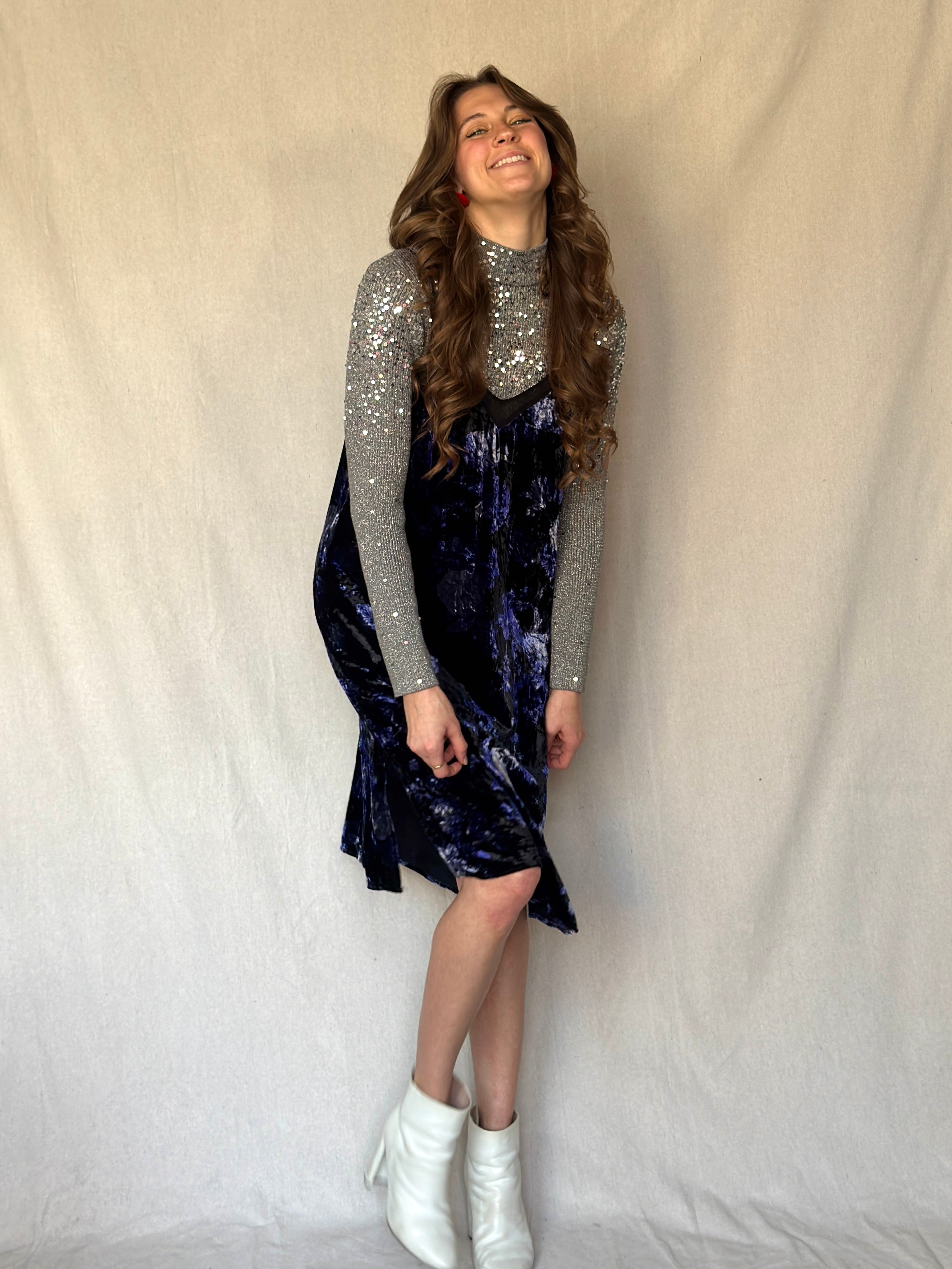 90s Silver Lurex Sequin Mockneck Ribbed Top