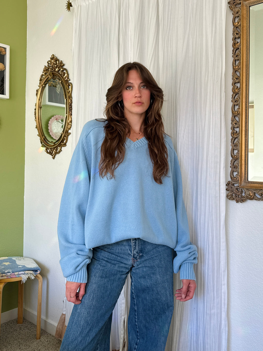 Vintage Lands Ends Cotton Powder Blue Grandpa Sweater