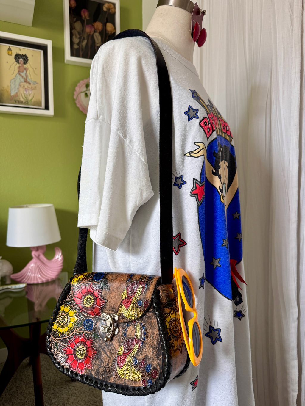 Black Leather Hand Tooled and Painted Peacock Flower Crossbody Bag
