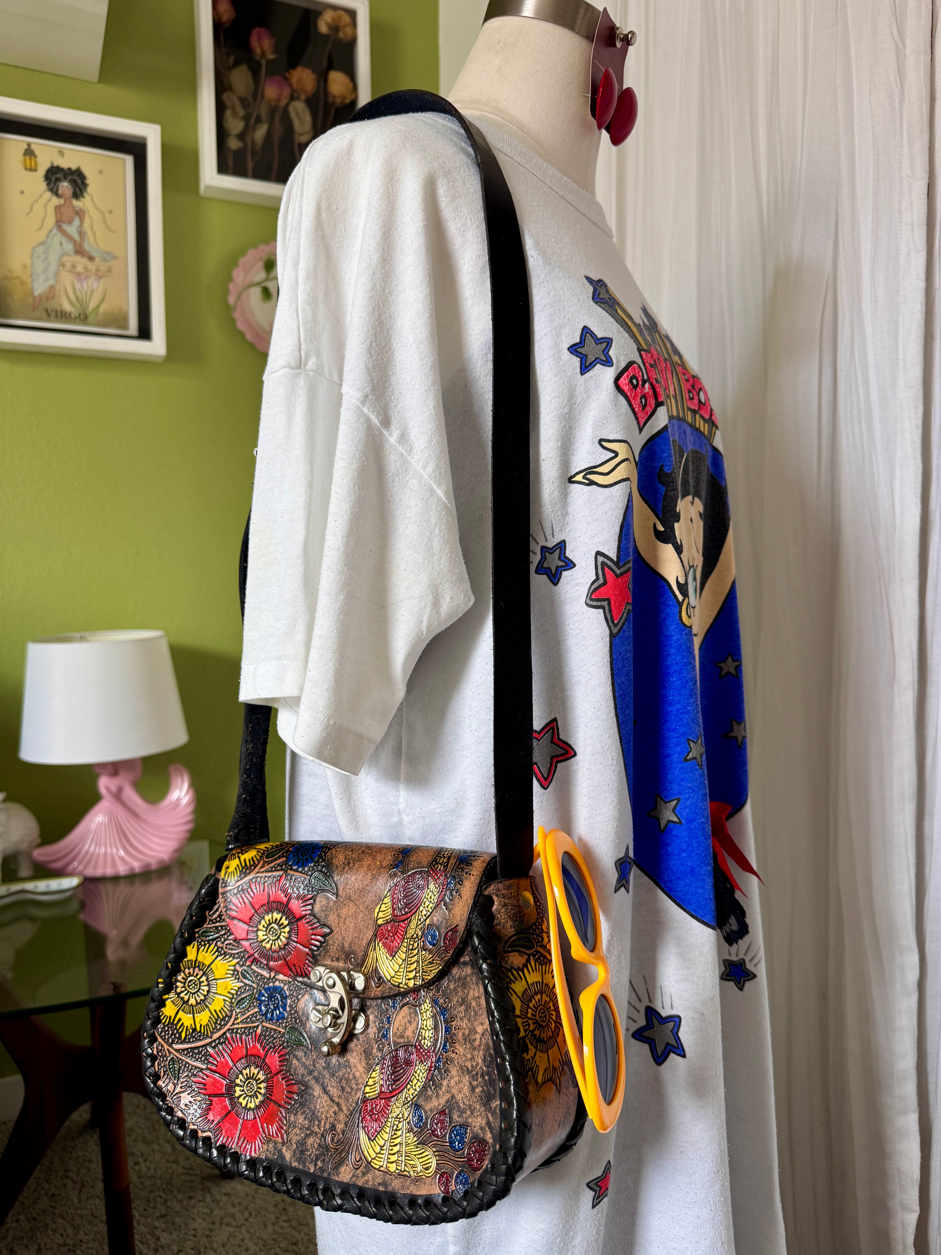 Black Leather Hand Tooled and Painted Peacock Flower Crossbody Bag