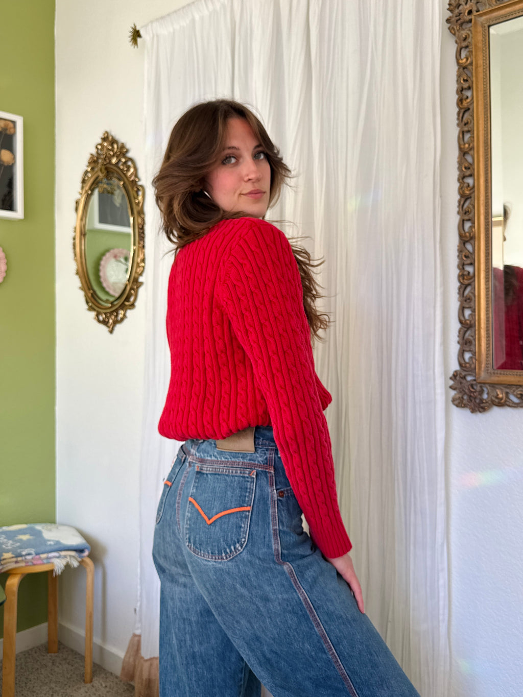 Y2K Red Cotton Cable Knit Liz Claiborne Sweater