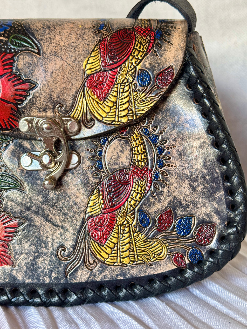 Black Leather Hand Tooled and Painted Peacock Flower Crossbody Bag