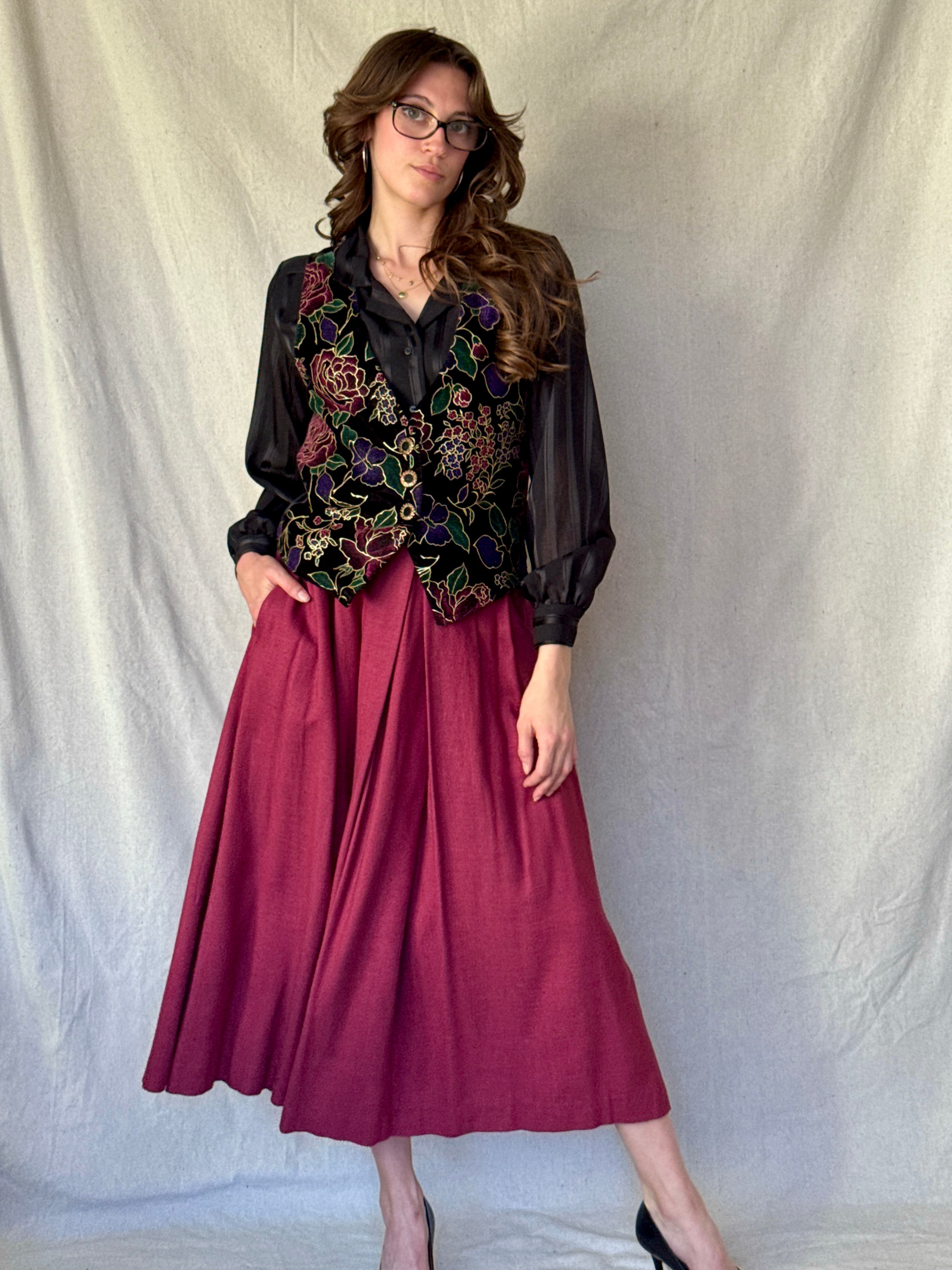70s Burgundy Pleated Midi Skirt