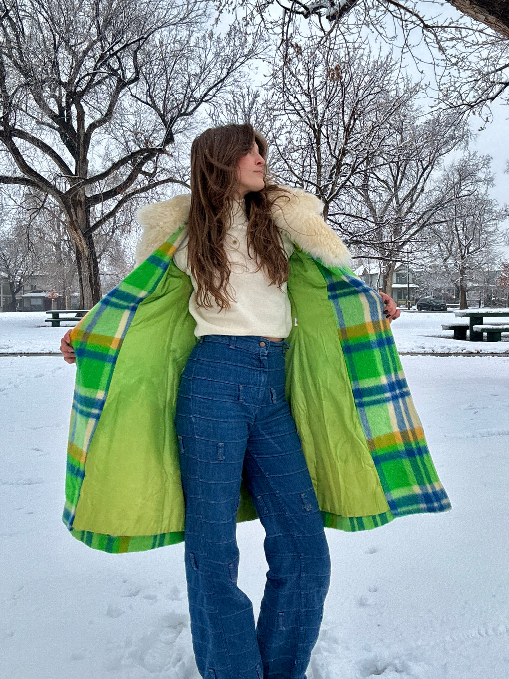 60s Union Made Green Plaid Wool Belted Coat