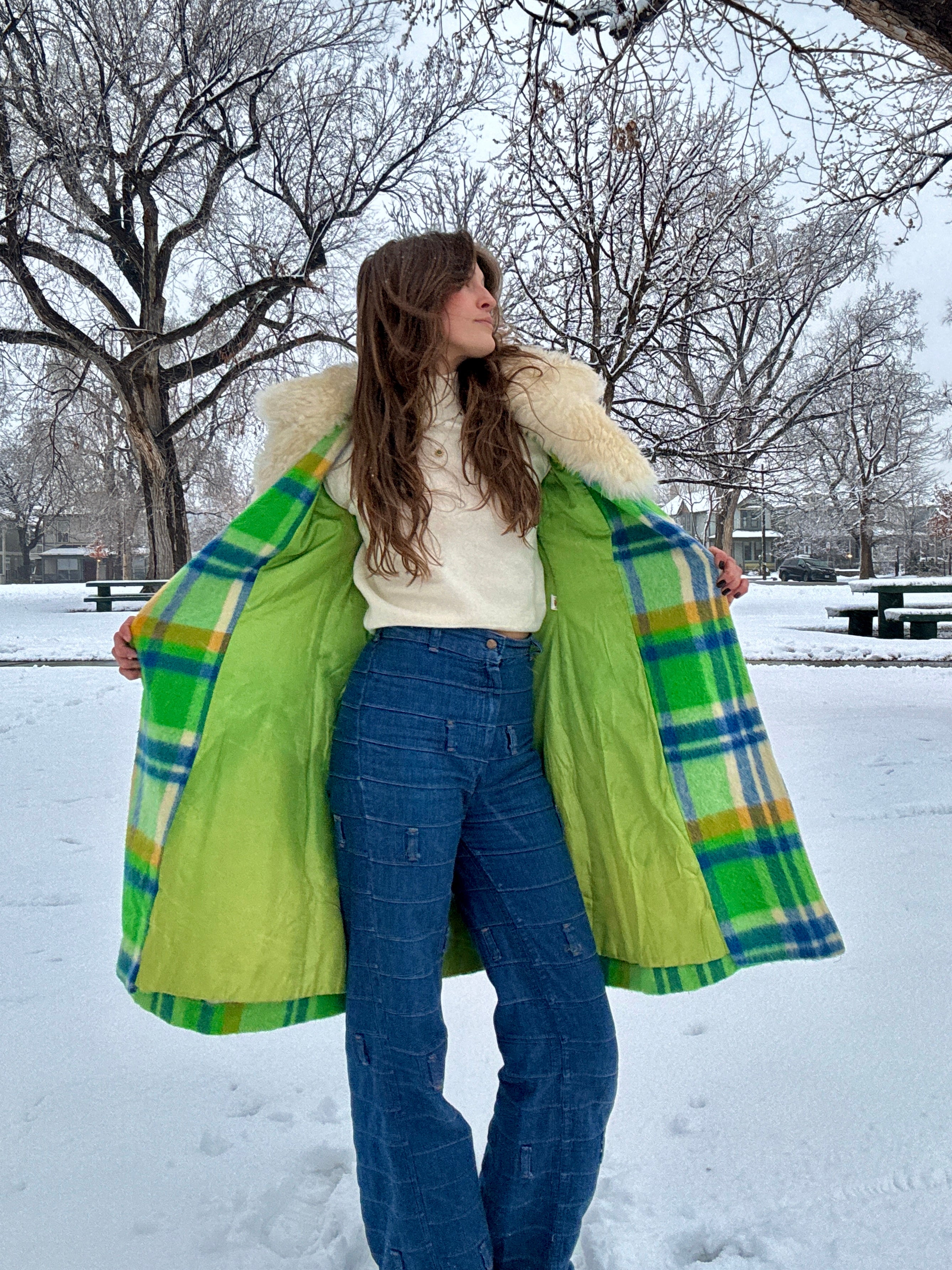 60s Union Made Green Plaid Wool Belted Coat