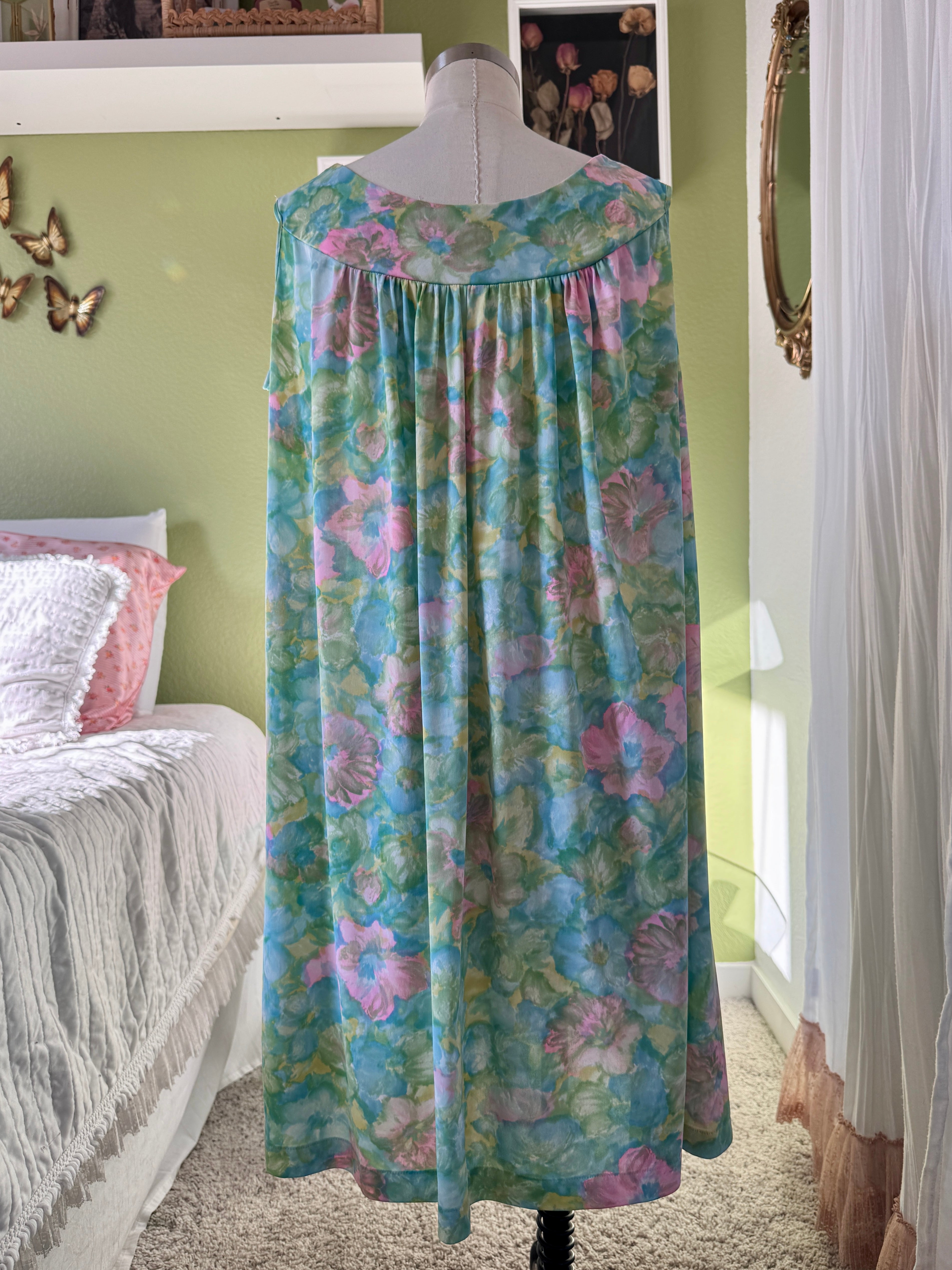 60s Green Soft Floral Babydoll Dress Night Gown