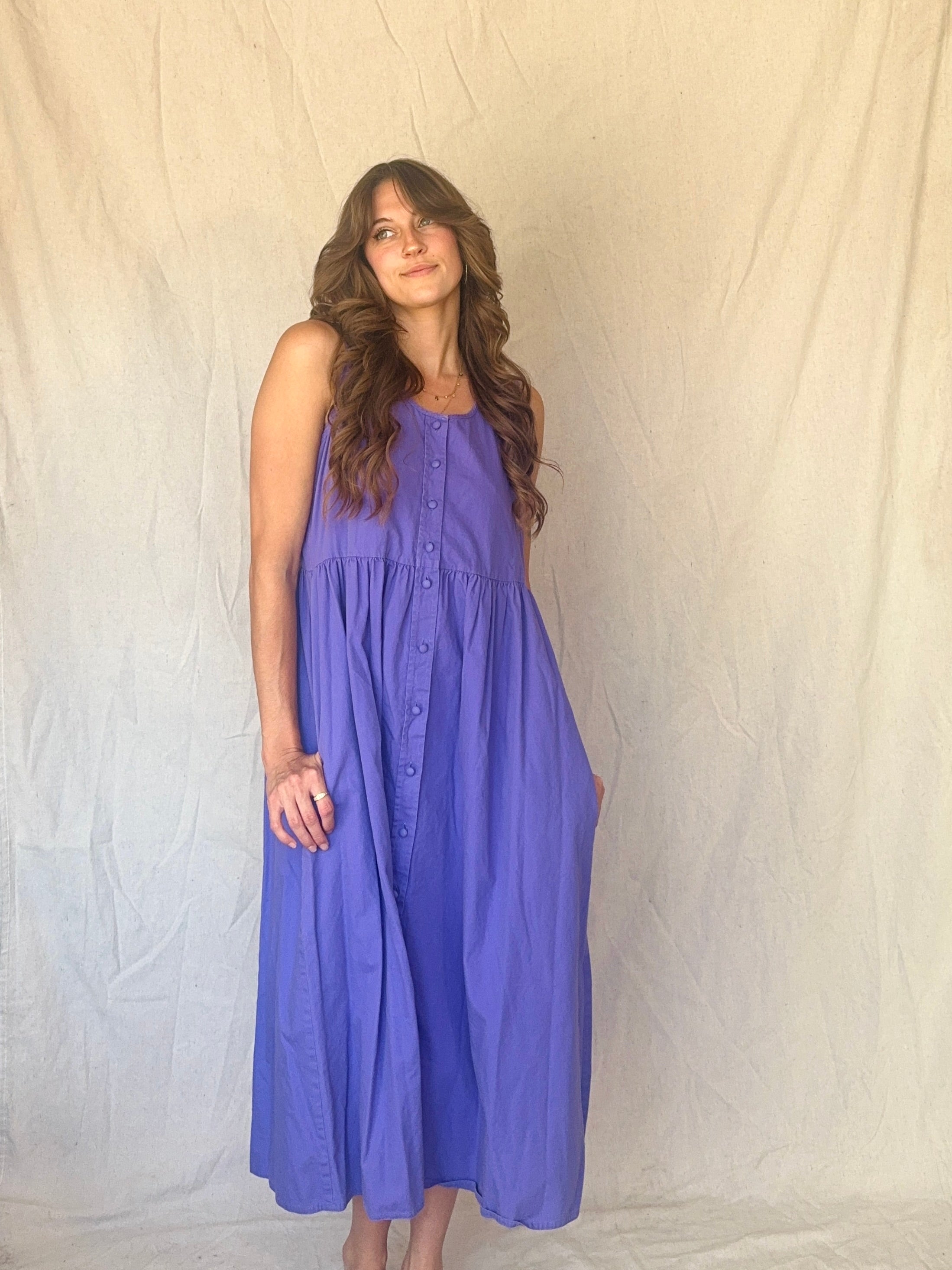 80s Periwinkle Purple Cotton Button Up Pinafore Jumper Dress