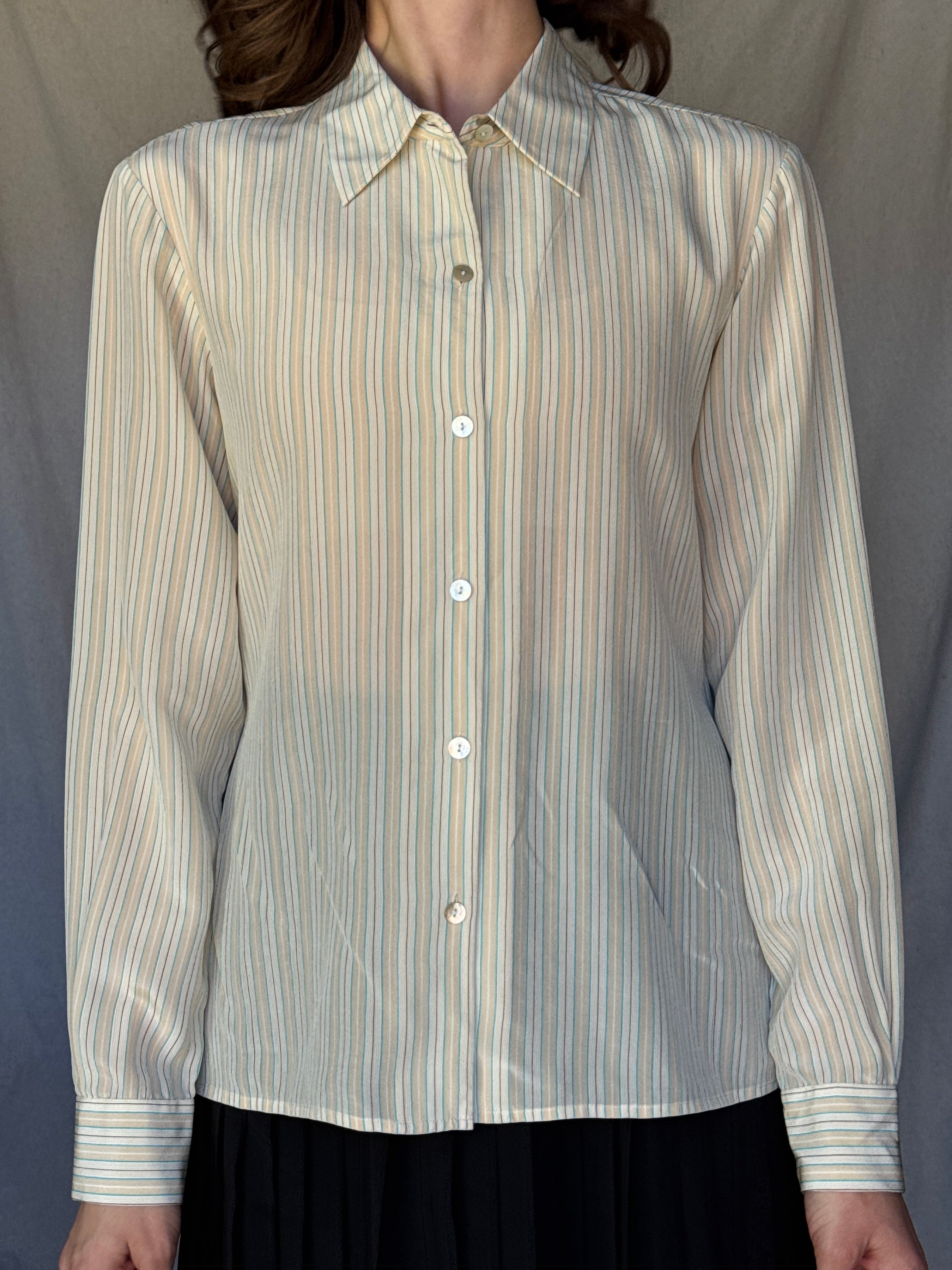 90s Cream Pinstriped Silk Button Up Shirt