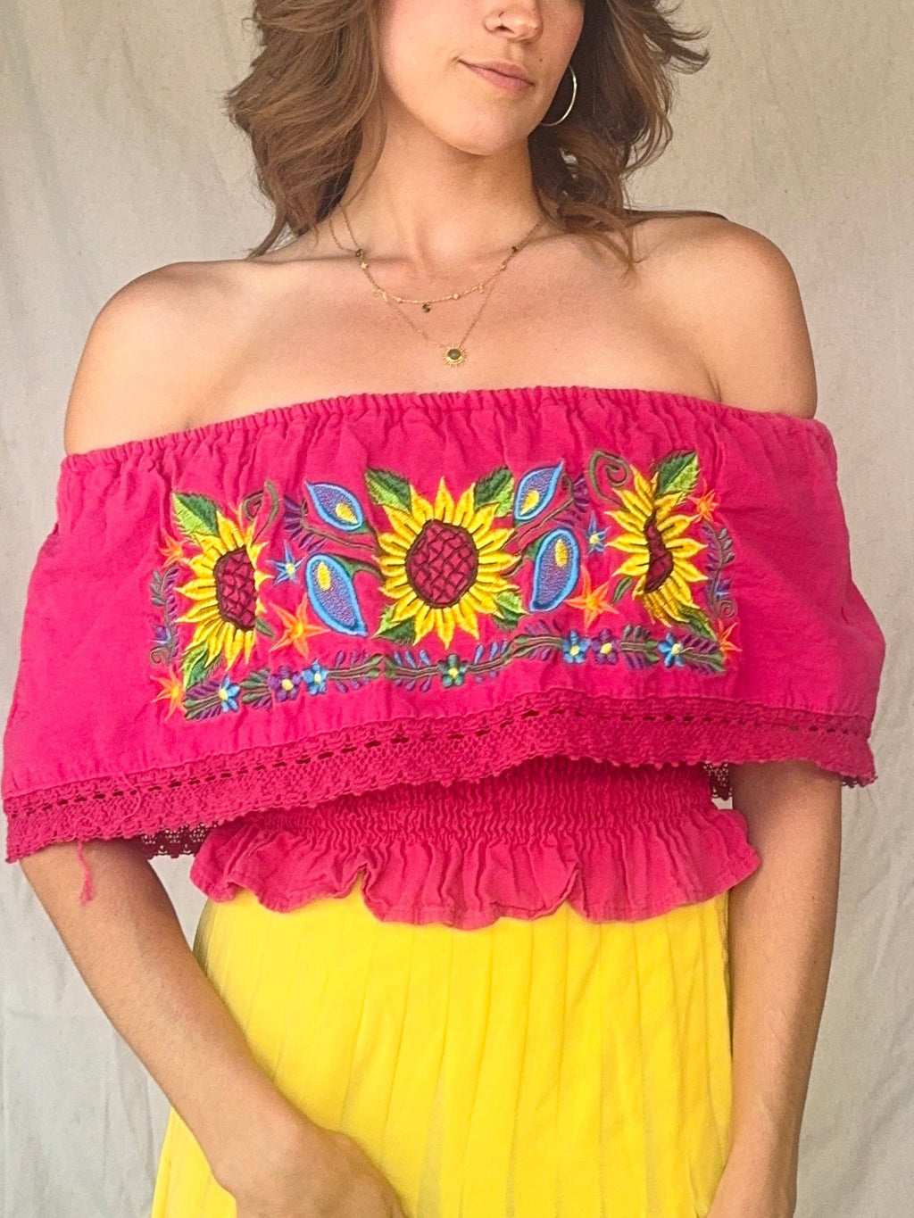 Vintage Hot Pink Off the Shoulder Embroidered Sunflower Oaxacan Summer Top