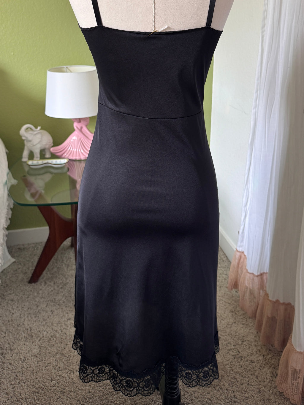 60s Black Lace Slip Dress Rosette Detail
