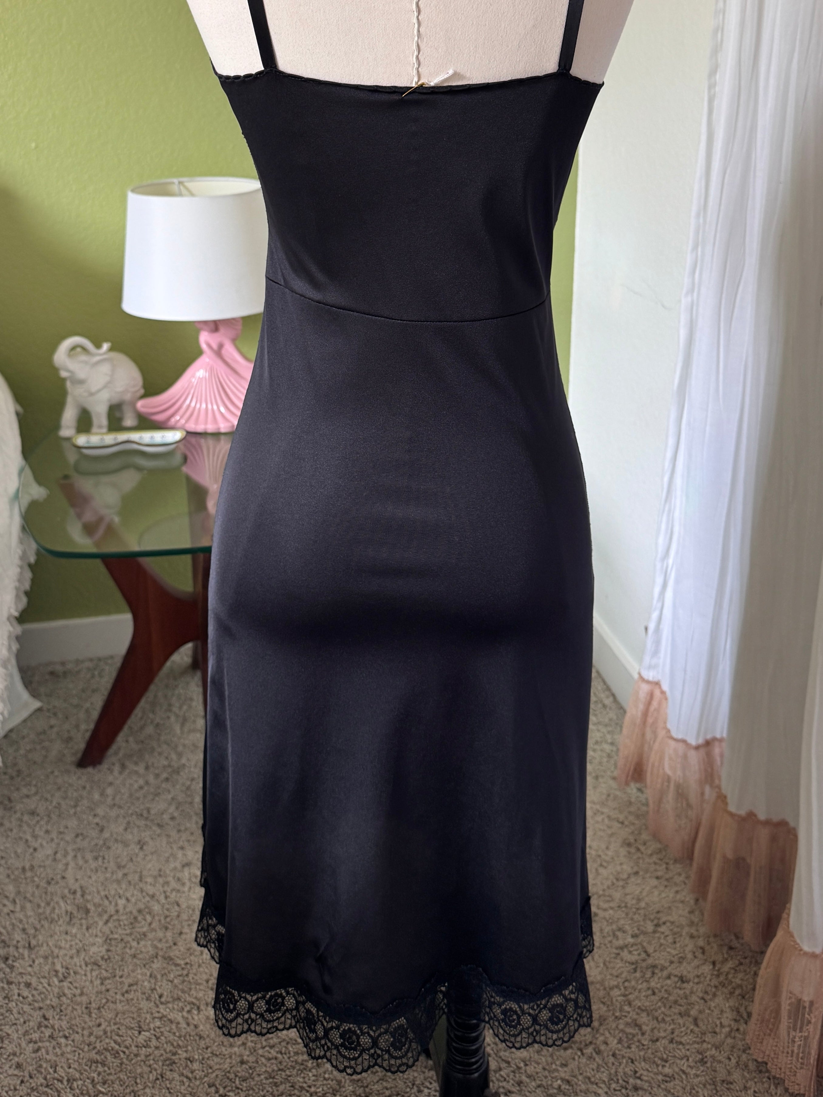60s Black Lace Slip Dress Rosette Detail