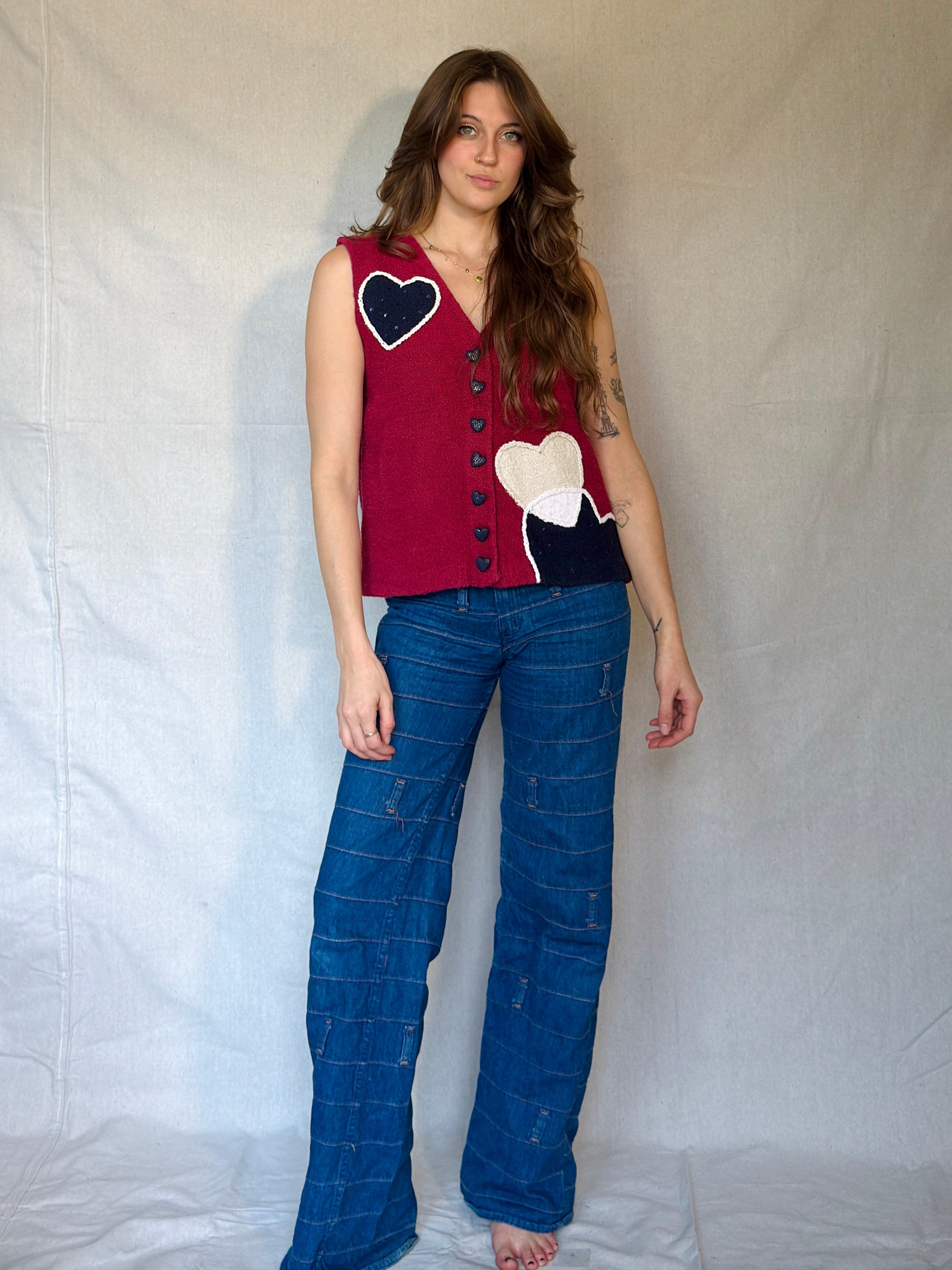 Y2K Red Cotton Knit Heart Sweater Vest