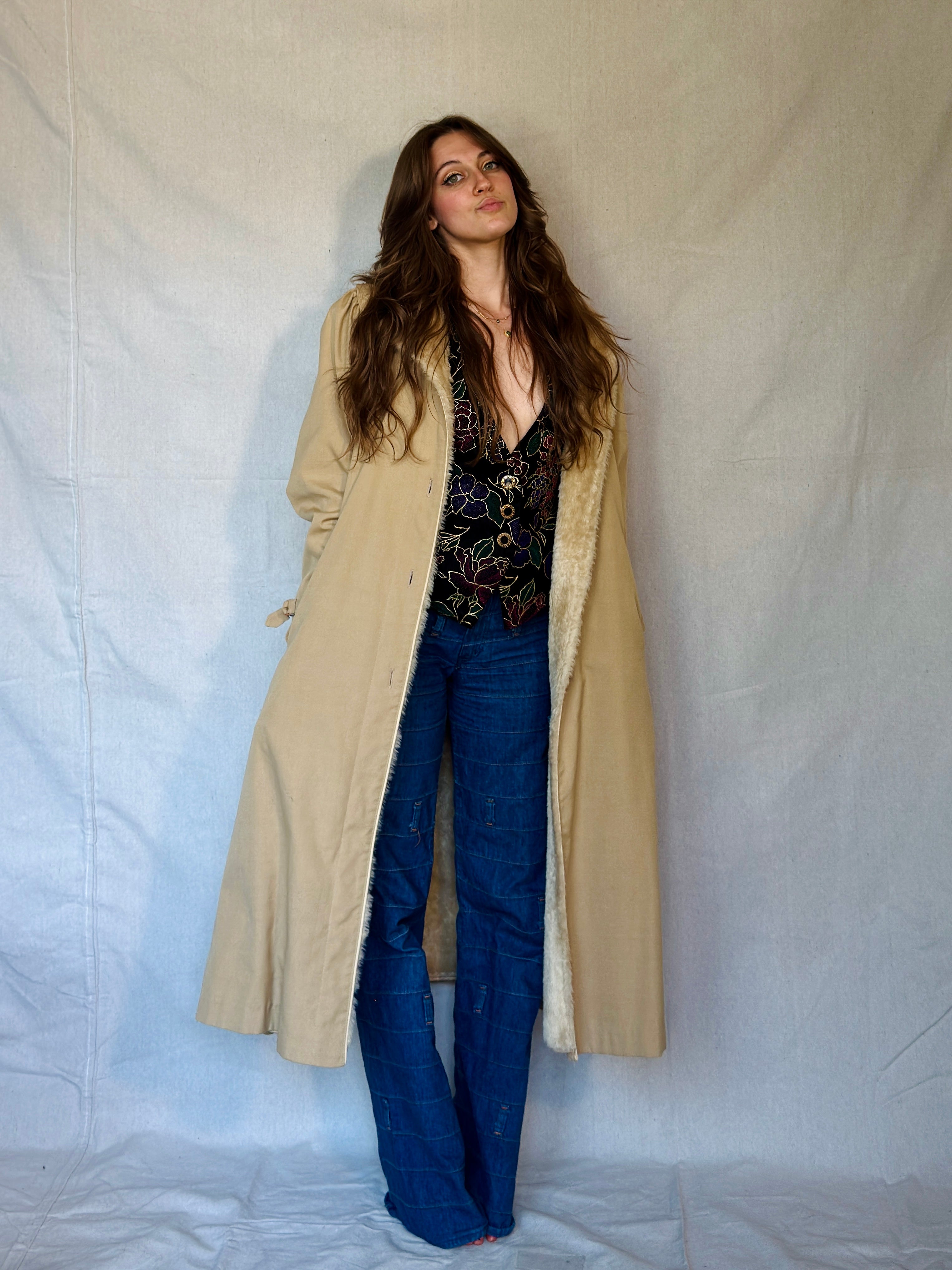 70s Tan Faux Shearling Trench Coat