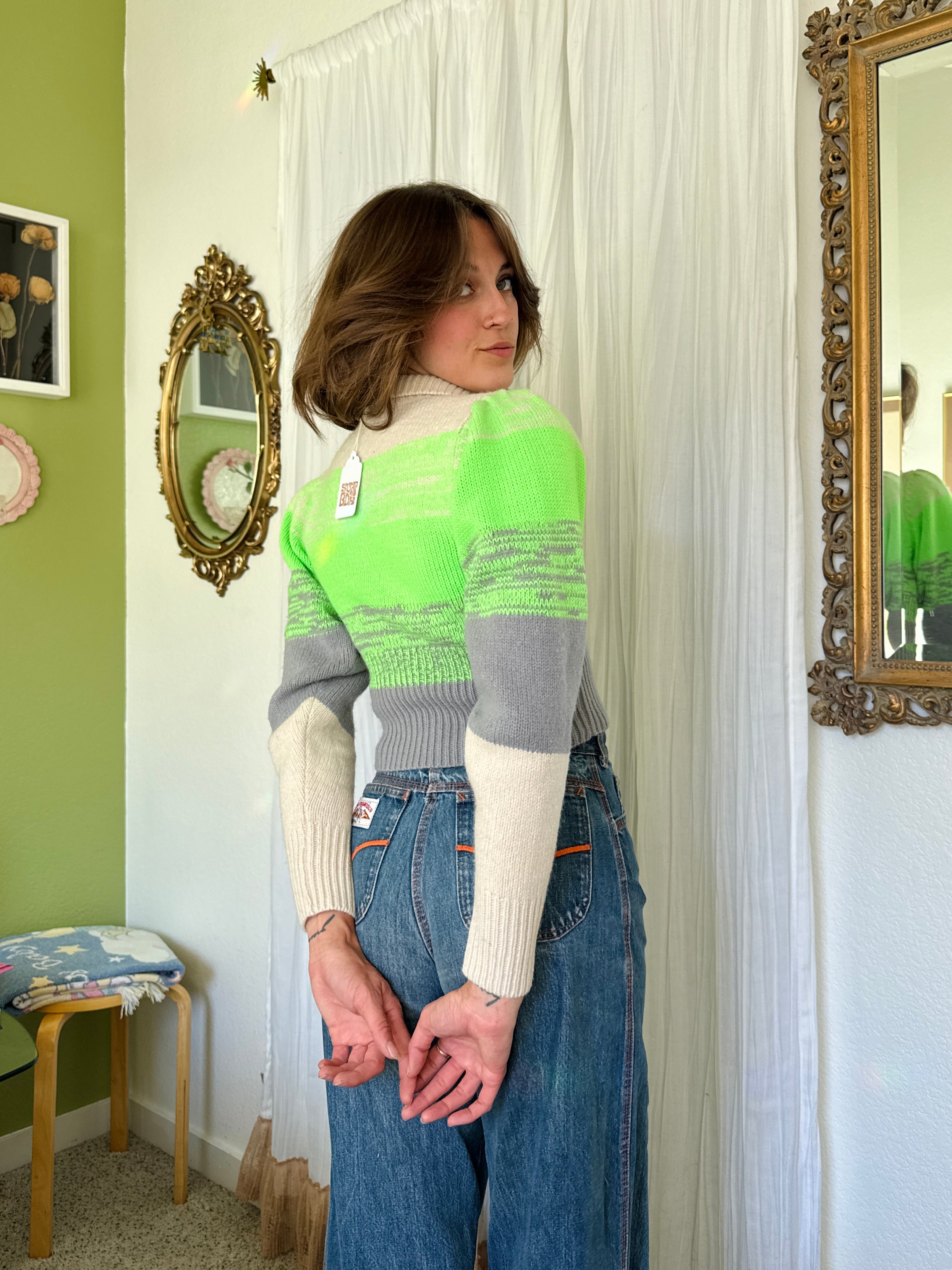 Electric Green Modern Wool Blend Henley Sweater
