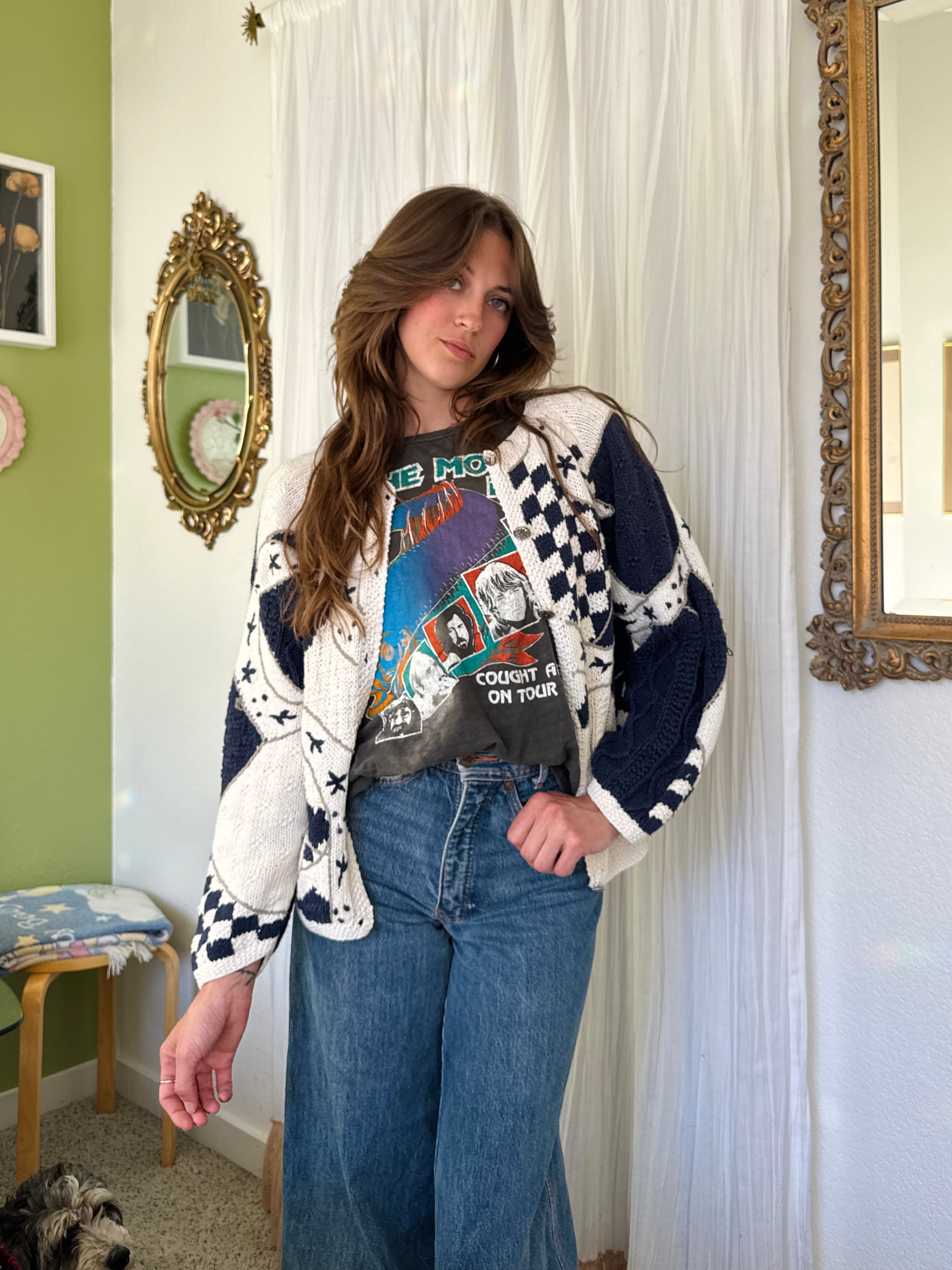 90s Cottagecore Blue & White Granny Cardigan Sweater