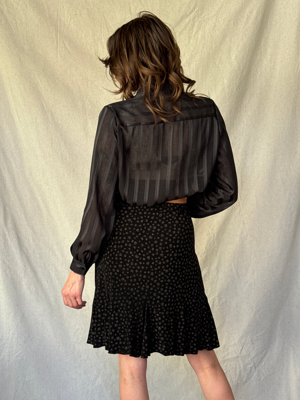 90s Black Swirl Print Midi Skirt