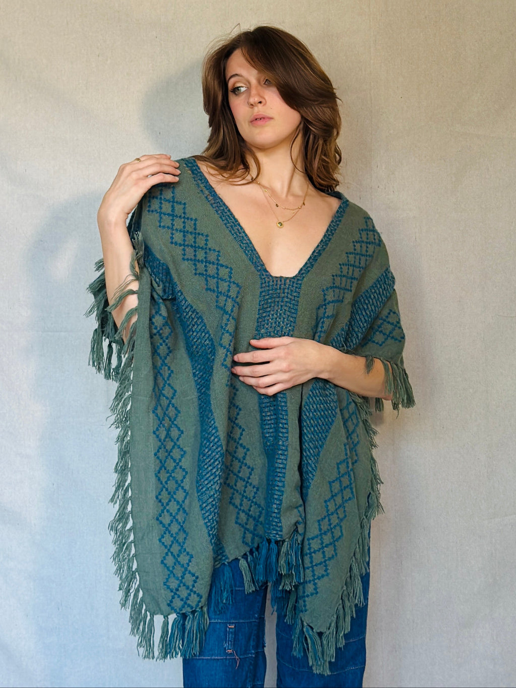 Free People Blue & Grey Fringe Poncho (Modern)