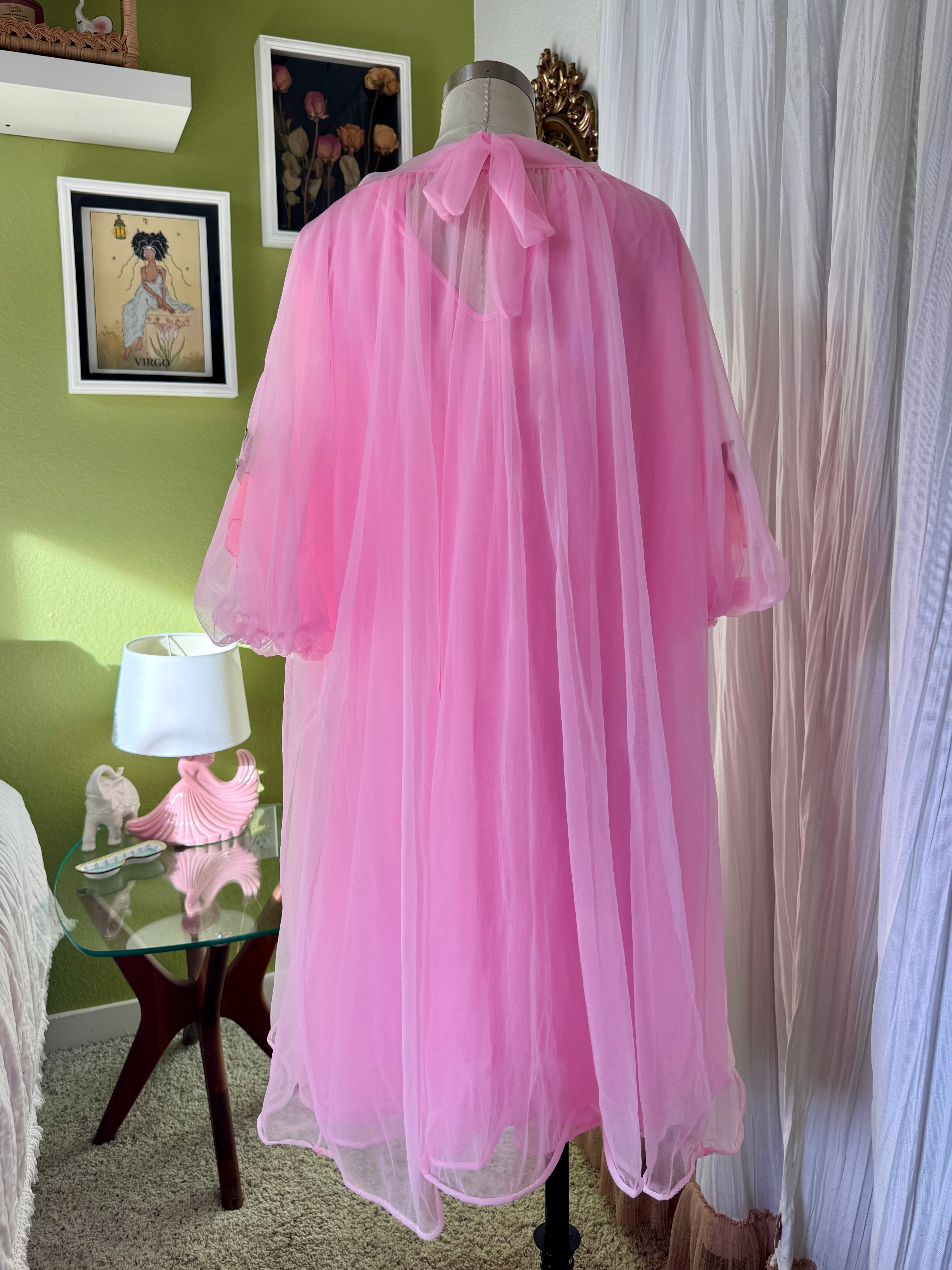 60s Pink Dayglo Nylon Hibiscus Flower Neglige & Peignoir Set