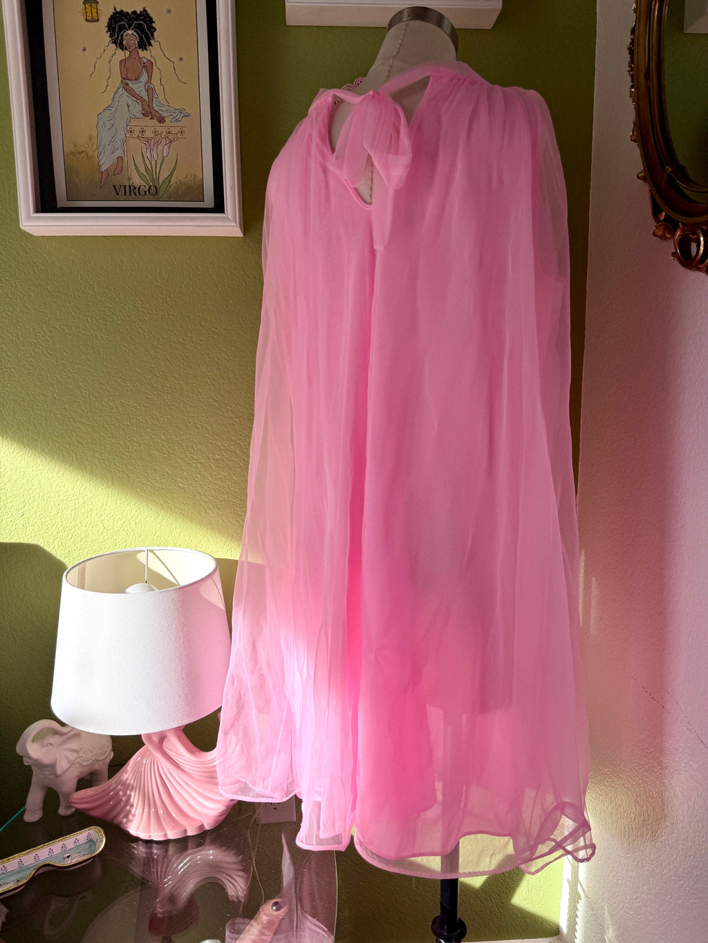 60s Pink Dayglo Nylon Hibiscus Flower Neglige & Peignoir Set
