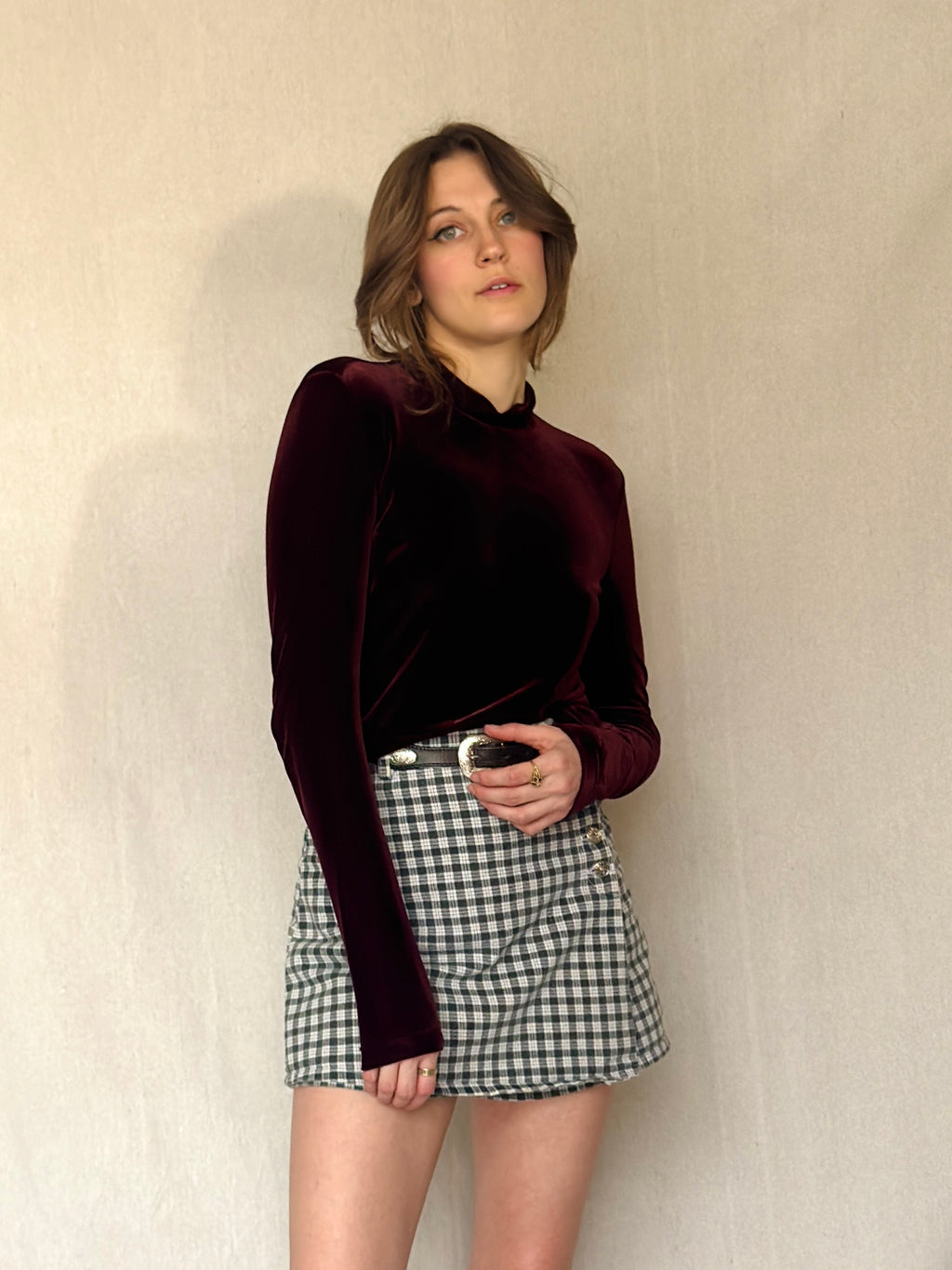 90s Velvet Wine Mock-neck Long Sleeve Top