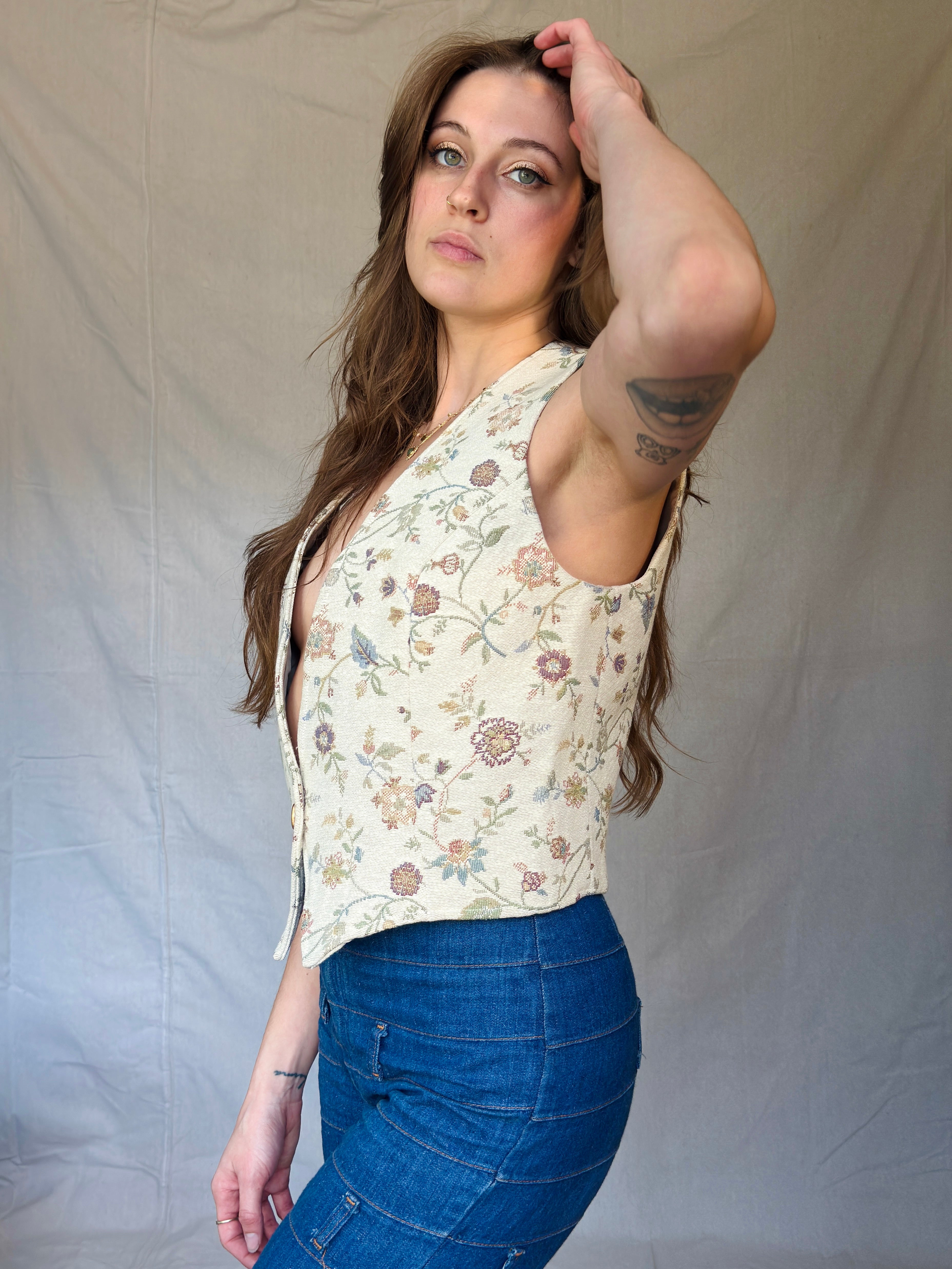 Vintage Cream Floral Tapestry Vest